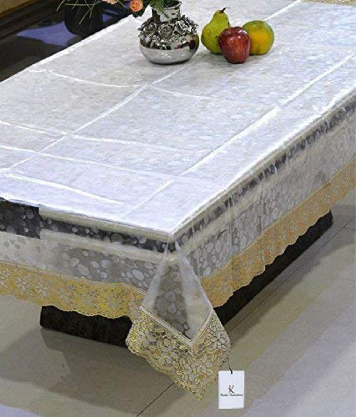 Kuber Industries Gold Lace Round Table Cover - 4 Seater Transparent Tablecloth with Elegant Lace Trim for Dining Room, Wedding, Party Decor