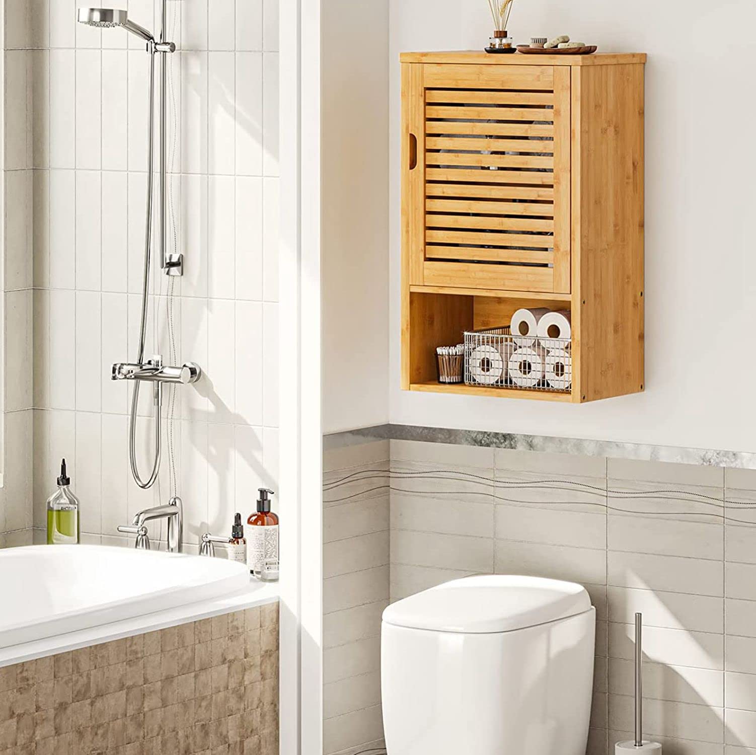 VIAGDO Wooden Bathroom Wall Cabinet - Single Door Medicine Storage with Adjustable Shelf, Bamboo Over The Toilet Hanging Cupboard (15.7’’L x 7.8’’W x 23.6’’H) - Perfect for Small Bathrooms, Powder Rooms & Apartment Storage Solutions