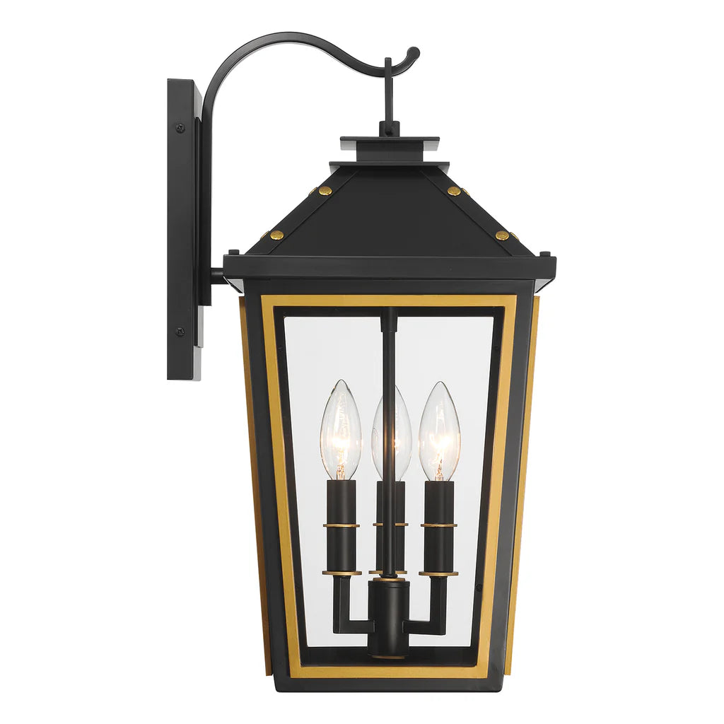 Stainless Steel & Glass Outdoor Wall Sconce - 3 Light Matte Black with Gold Finish, 9.5x19.5 Inches, 120V E12 Candelabra Base LED Compatible - Perfect for Patio, Garden, Porch, and Exterior Wall Lighting