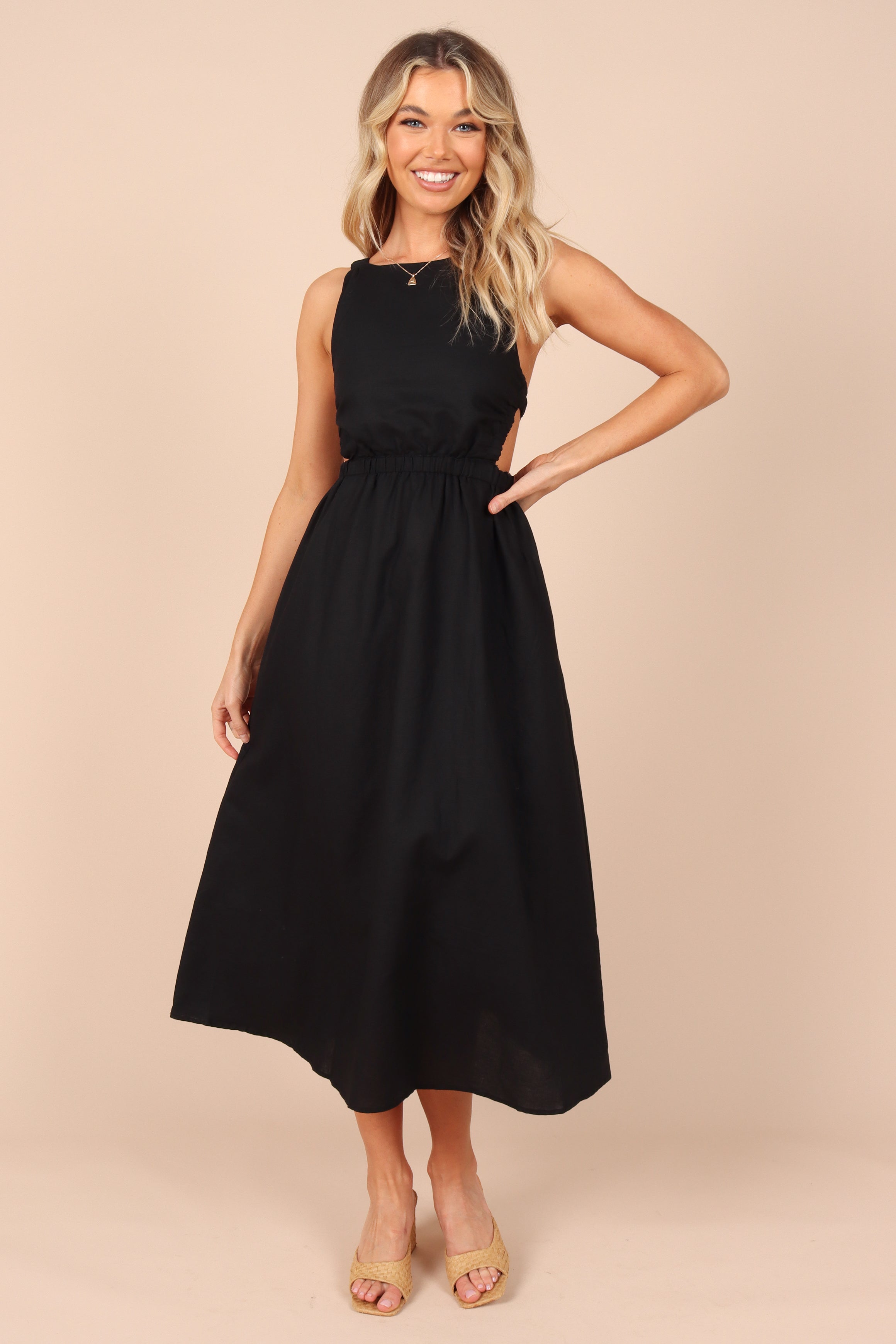 Aubrey Cutout Midi Dress - Elegant Black Flowy Summer Dress for Women | Perfect for Parties, Dates & Beach Vacations