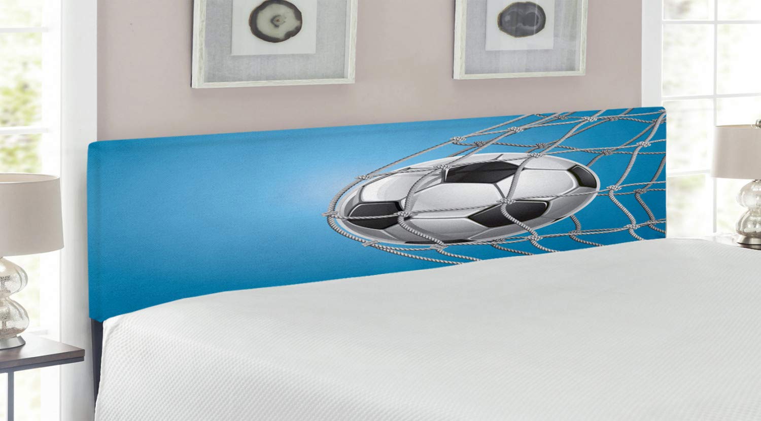 Ambesonne Soccer Headboard - King Size Upholstered Football Goal Design Bed Frame with Memory Foam | Blue Pale Grey Black | Perfect for Sports Fans Bedroom Decor & Game Room Theme