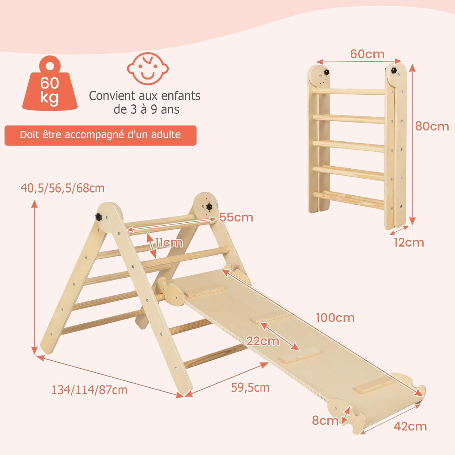 GOPLUS 4-in-1 Foldable Montessori Climbing Triangle with Slide & Ramp - Indoor Play Gym for Kids Ages 3-9 Years - 60KG Weight Capacity (Natural Wood) - Perfect for Home Playrooms, Daycares & Montessori Learning Spaces