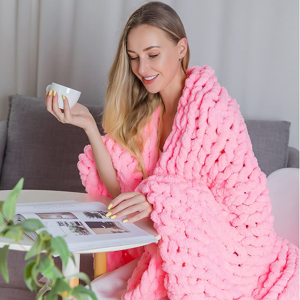 Alzoear Chunky Knit Throw Blanket - Chenille Handmade Cozy Warm Blanket for Sofa, Bed, Couch & Home Decor - Soft Luxurious 50x60 Inch Blanket for Winter, Gift Giving & Cozy Evenings (Bright Pink)