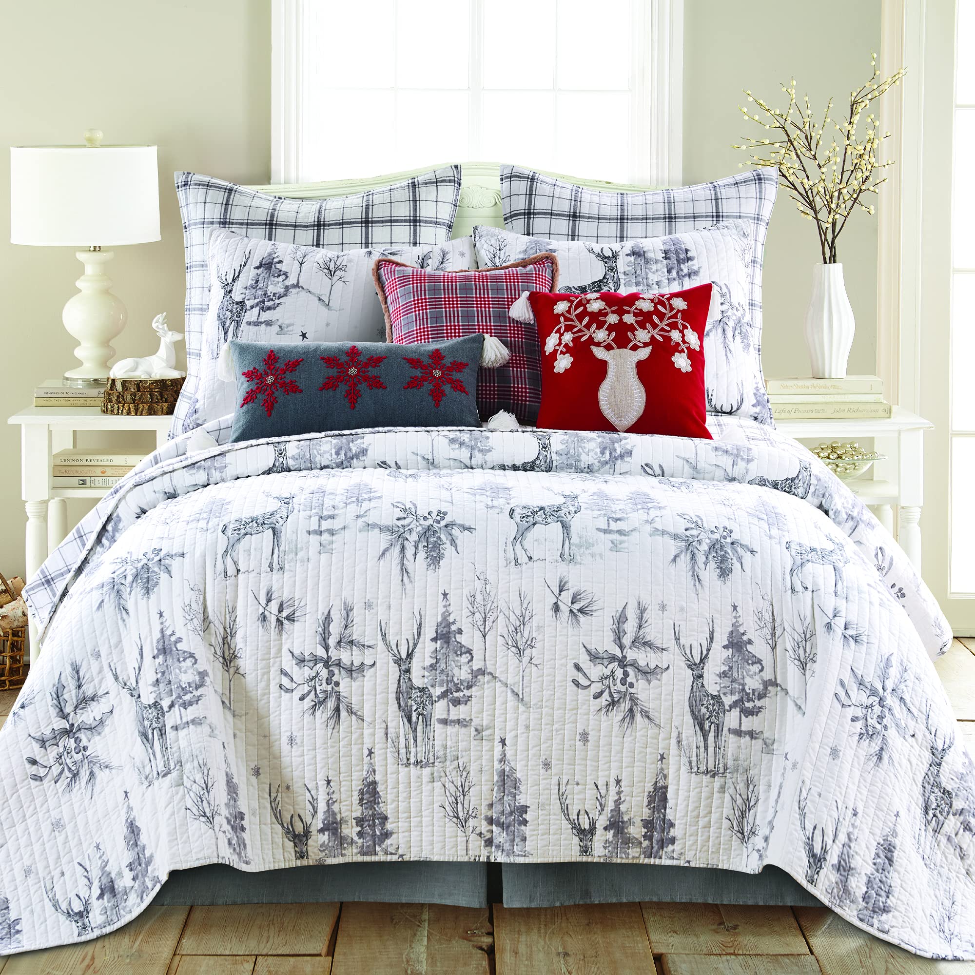Levtex Home Sleigh Bells Quilt - Twin/Twin XL Holiday Bedding Set 68x86 - Christmas Tree & Reindeer Design - Grey & White Reversible Cotton/Poly Blend - Cozy Winter & Christmas Decor for Bedroom