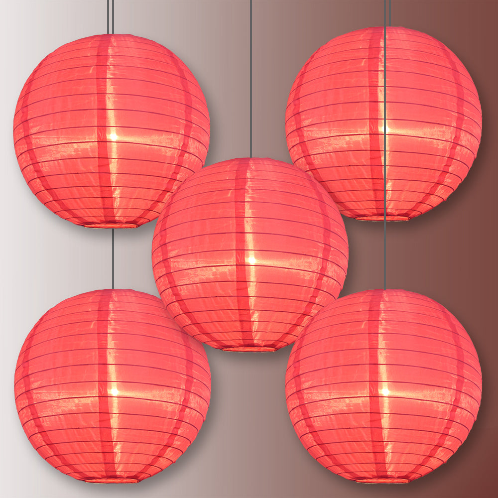 5 Pack Hot Pink Shimmering Nylon Lanterns - Even Ribbing, Durable Hanging Decor for Parties, Weddings & Outdoor Events