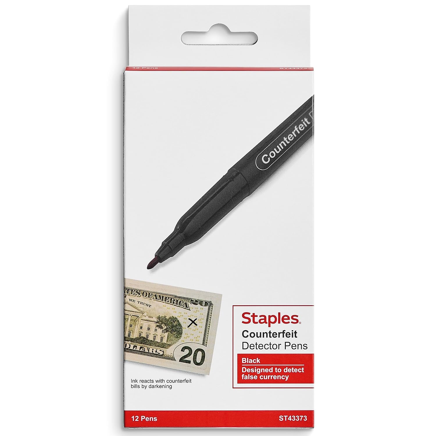 Staples 1128402 Counterfeit Money Detection Pens - Black, Pack of 12 (43373) - Detect Fake Bills for Retail, Banking & Cash Handling Businesses