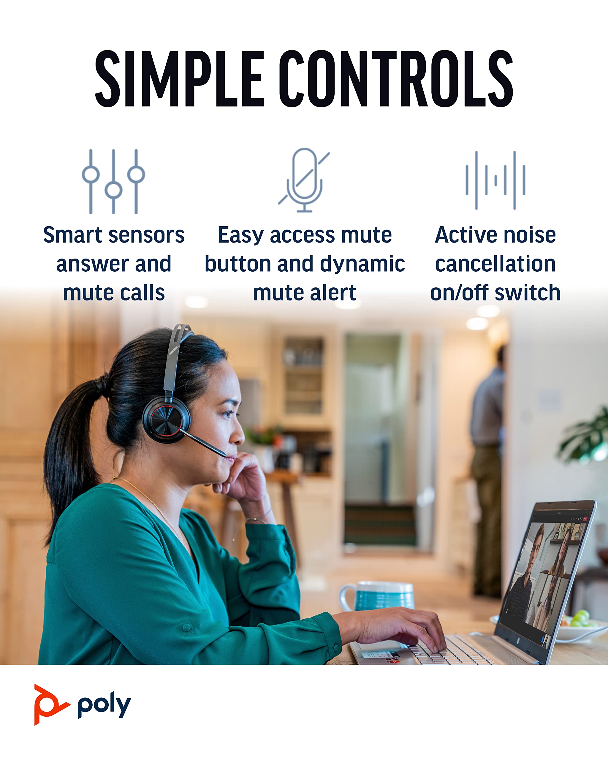 Poly Voyager Focus 2 UC Wireless Headset with Charging Dock | Active Noise Cancelling Bluetooth Headphones for PC, Mac & Mobile | Long Battery Life for Zoom, Teams Calls | Perfect for Home Office & Remote Work