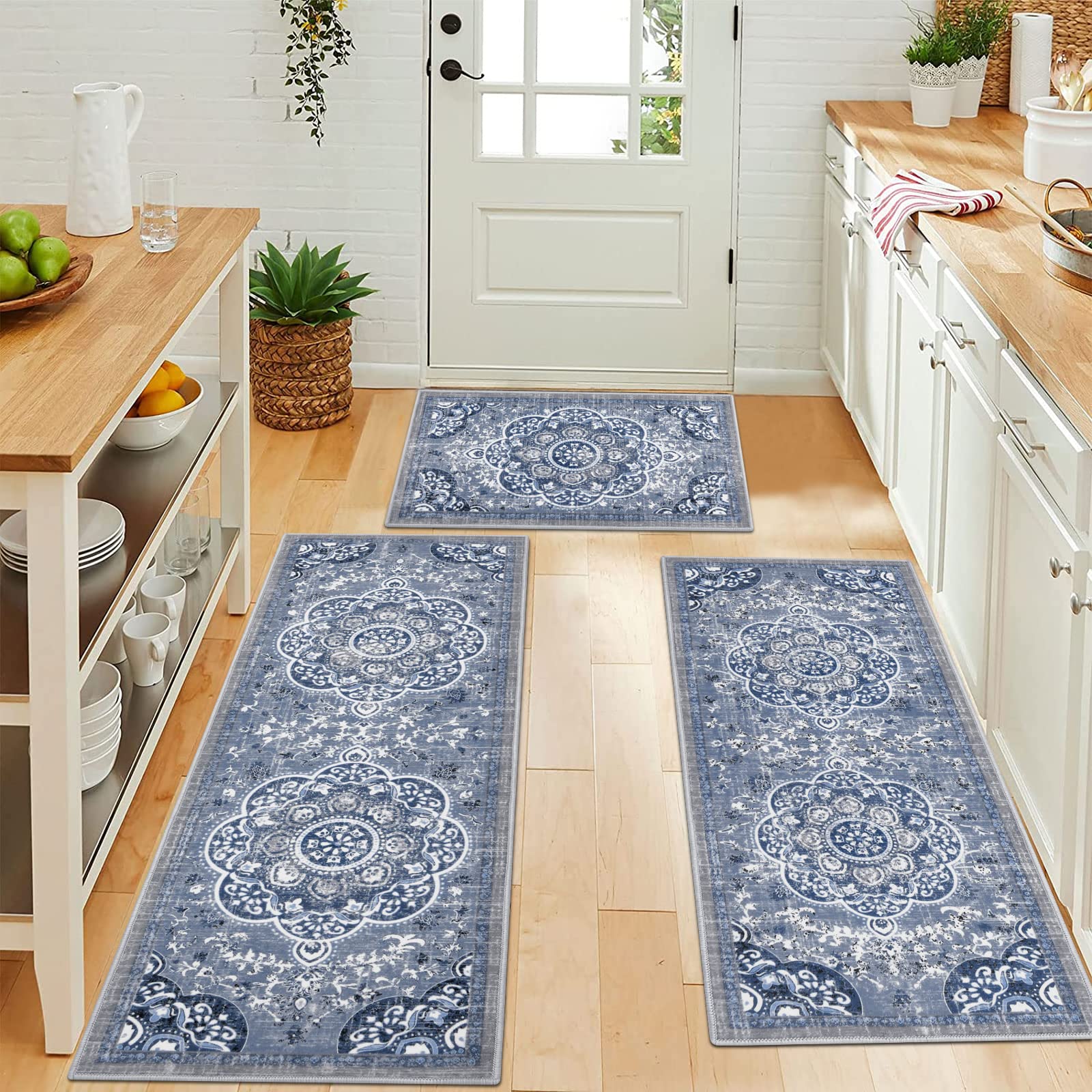 Boho Kitchen Rugs Set of 3 - Non-Slip Washable Floral Farmhouse Floor Mats with Runner for Kitchen, Office, Laundry & Sink Area - Blue | Perfect for Farmhouse Decor & High-Traffic Areas