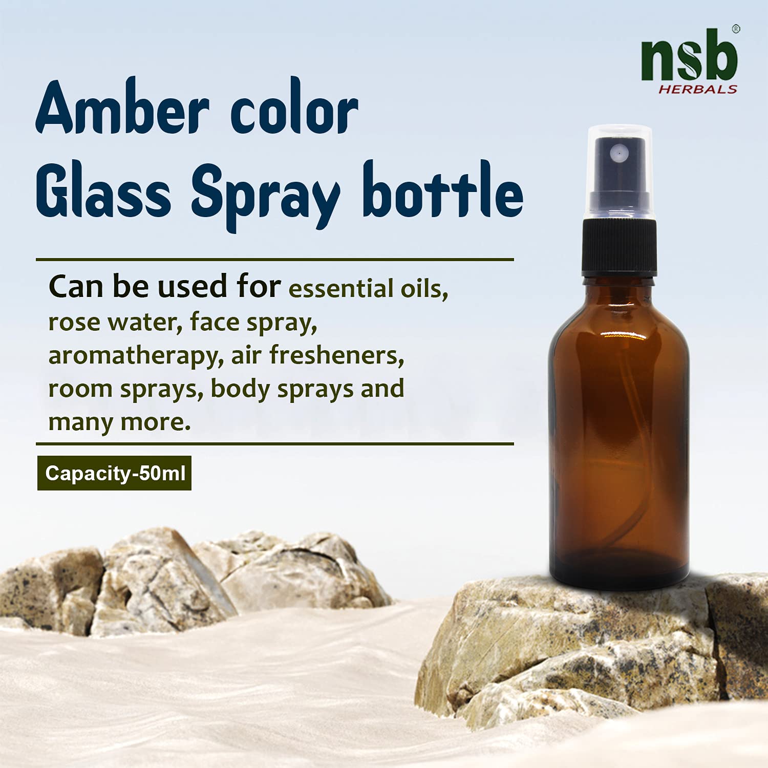 NSB Herbals 50ml Refillable Amber Glass Spray Bottles with Leak-Proof Pump - Perfect for DIY Perfume, Essential Oils, Aromatherapy, Beauty Products & Skincare (Pack of 3) | Great for Travel, Home Spa & Gift Sets