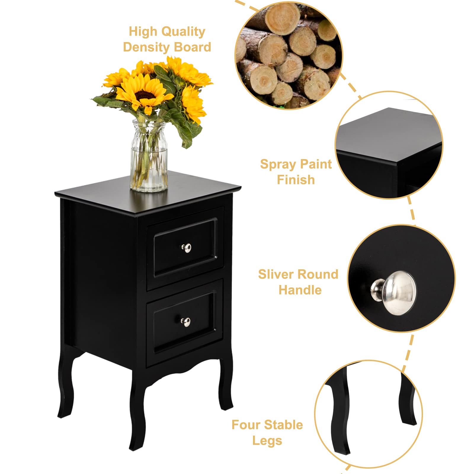 Mid Century Modern Nightstand with 2 Drawers - Solid Wood Bedside Table with High Legs - Black End Table for Bedroom, Living Room & Office - Perfect for Small Spaces & Minimalist Home Decor