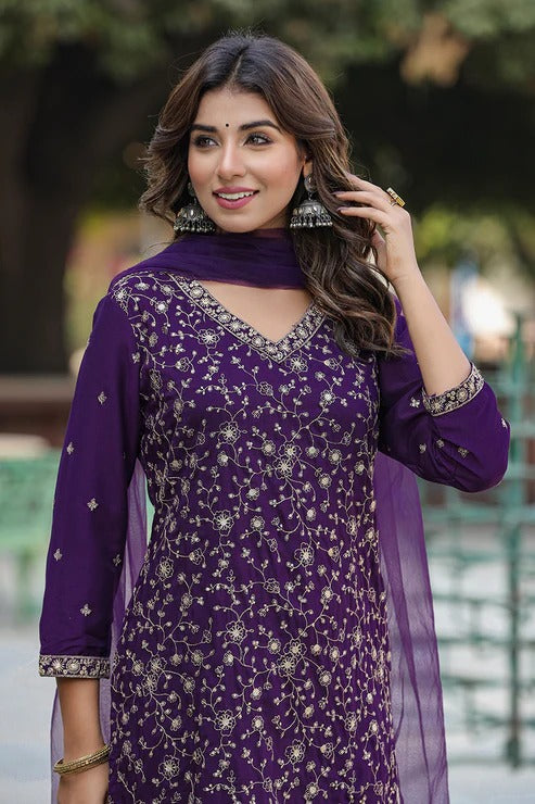 Elegant Purple Silk Blend Ethnic Motif Straight Suit Set for Women - Perfect for Weddings, Parties & Formal Occasions