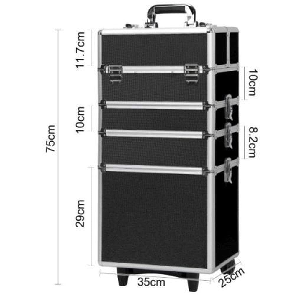 4 in 1 Professional Aluminum Makeup Train Case with Wheels - Rolling Cosmetic Organizer for Beauty Artists, Stylists & Travel - Black | Perfect for Salon, Bridal & On-Site Makeup Services
