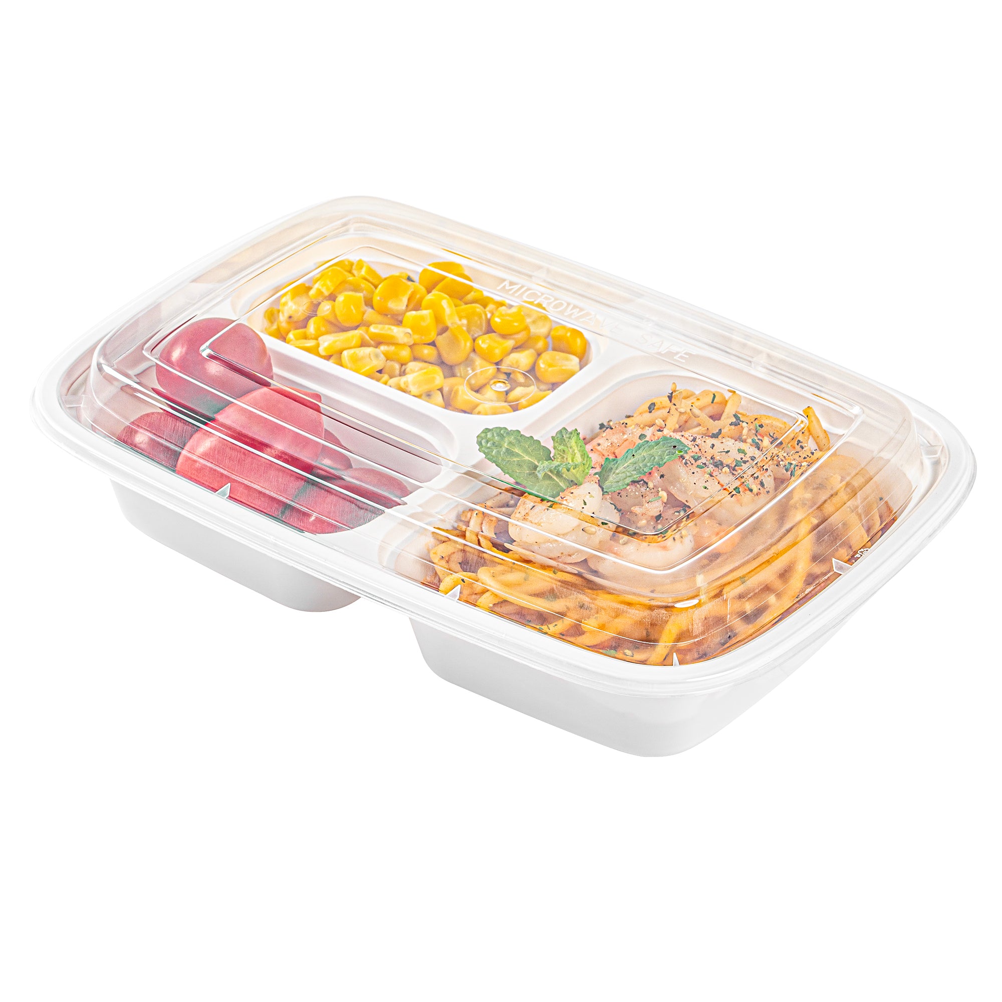 26 oz White Plastic 3 Compartment Food Storage Containers with Clear Lids - Microwave Safe, 8.75