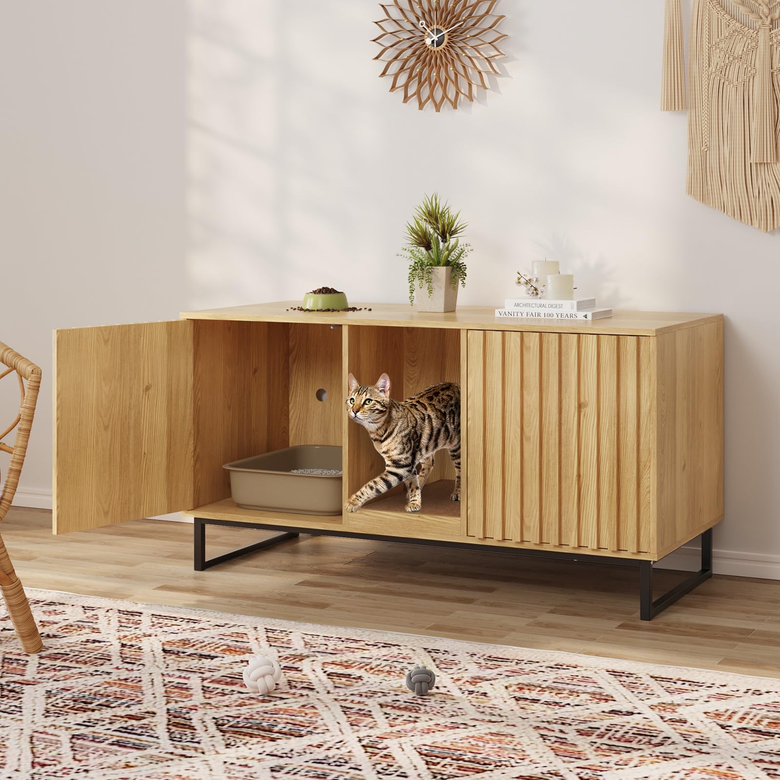 47.6’’ Large Cat Litter Box Enclosure Furniture for 2 Cats - Hidden Double Room Cat Cabinet with Scratch Pad | Indoor Cat House, TV Stand & Side Table | Perfect for Small Spaces & Multi-Cat Homes