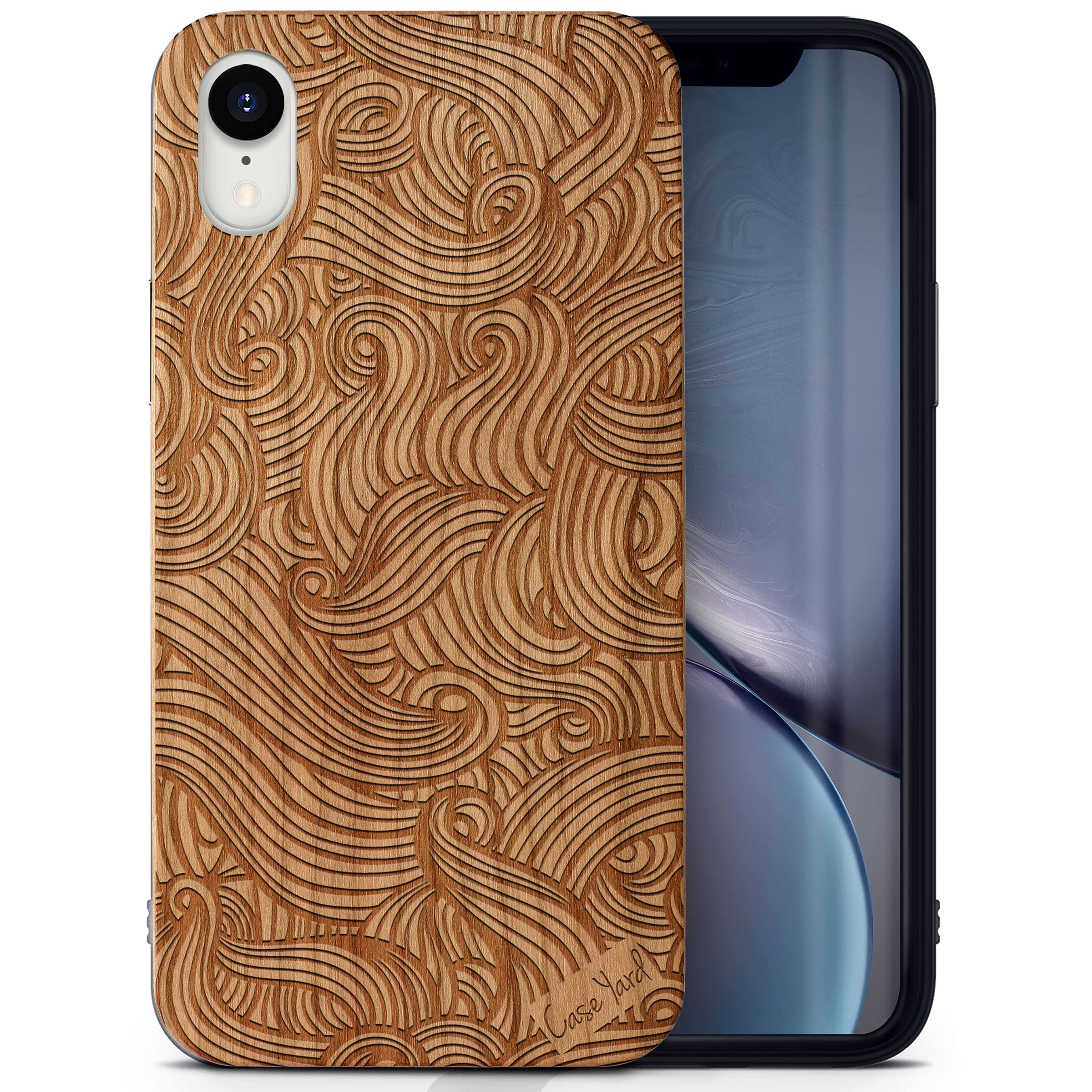 Premium Cherry Wood Phone Case for iPhone XR - Laser Engraved Wave Design, Slim Fit Shockproof Protective Cover for Men & Women | Perfect for Outdoor Adventures, Office Use & Daily Protection