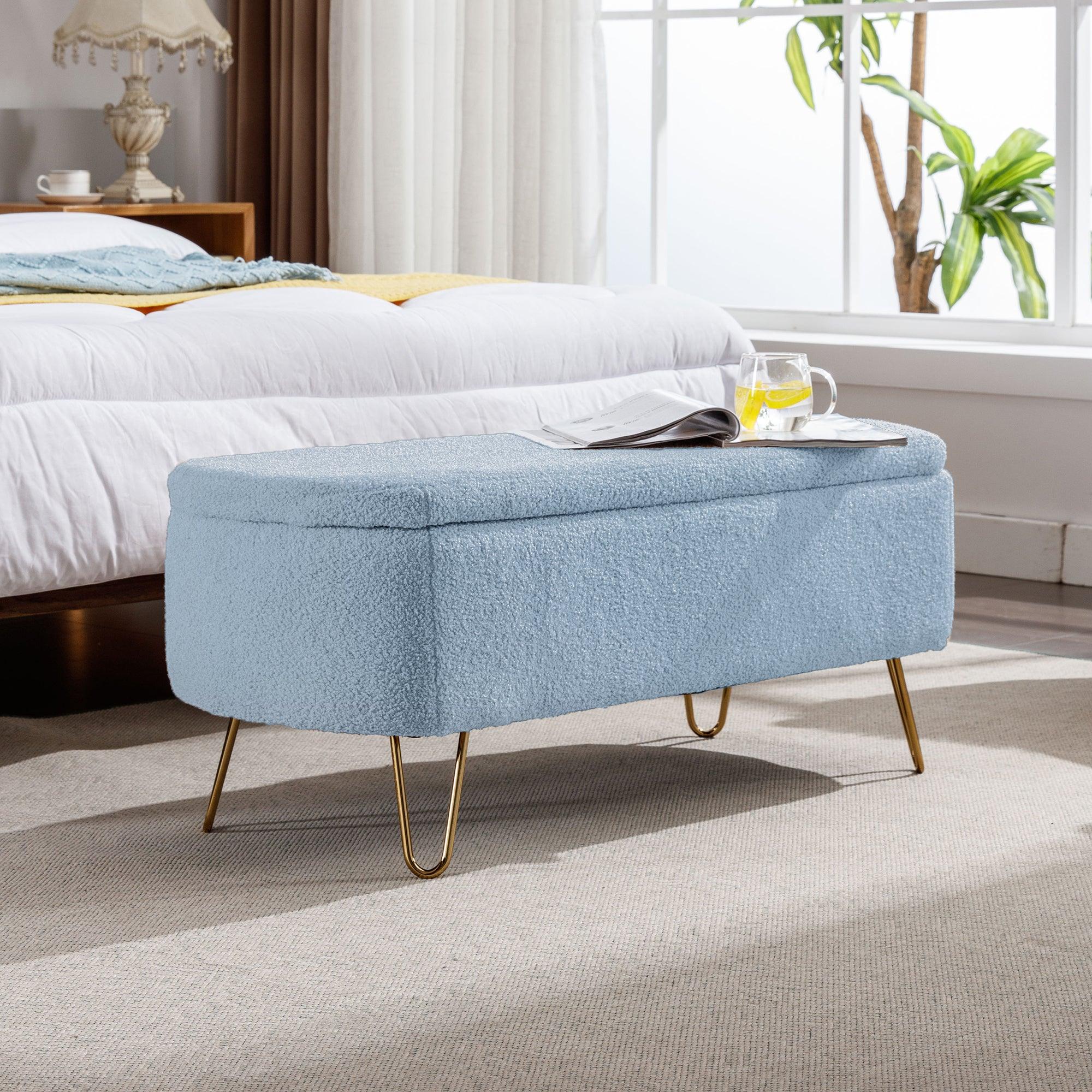Modern Blue Storage Ottoman Bench with Gold Legs & Grey Faux Fur Upholstery - Padded Seat with Hidden Storage for Bedroom, Living Room & Entryway | Perfect for Extra Seating, Footrest & Home Organization