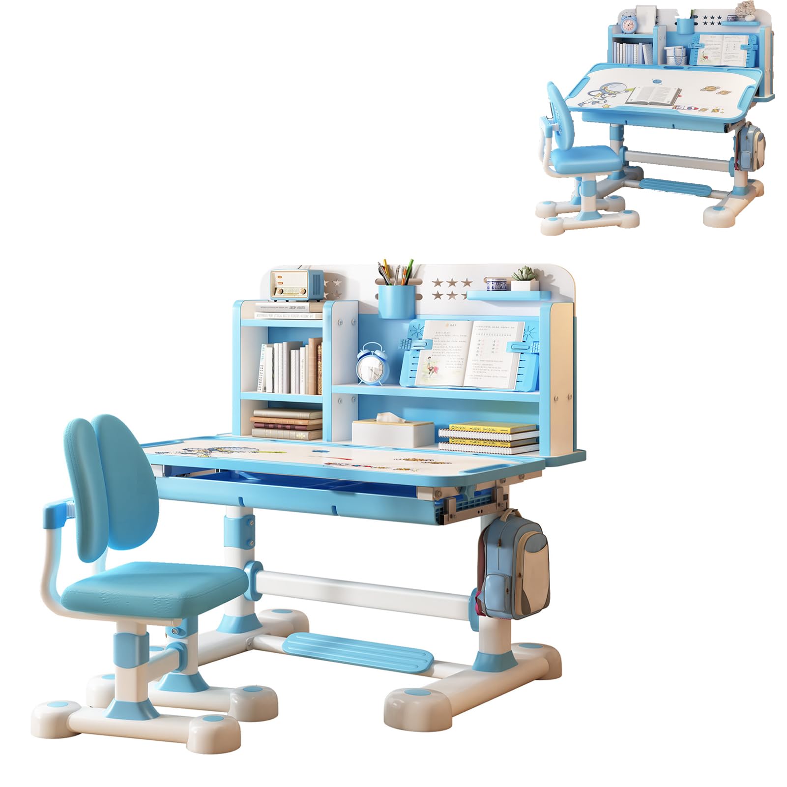 Adjustable Kids Desk and Chair Set - Ergonomic Study Desk with Sitting Corrector, Book Stand & Foot Pedal for School & Home Learning (Blue) - Perfect for Homework, Reading & Online Classes