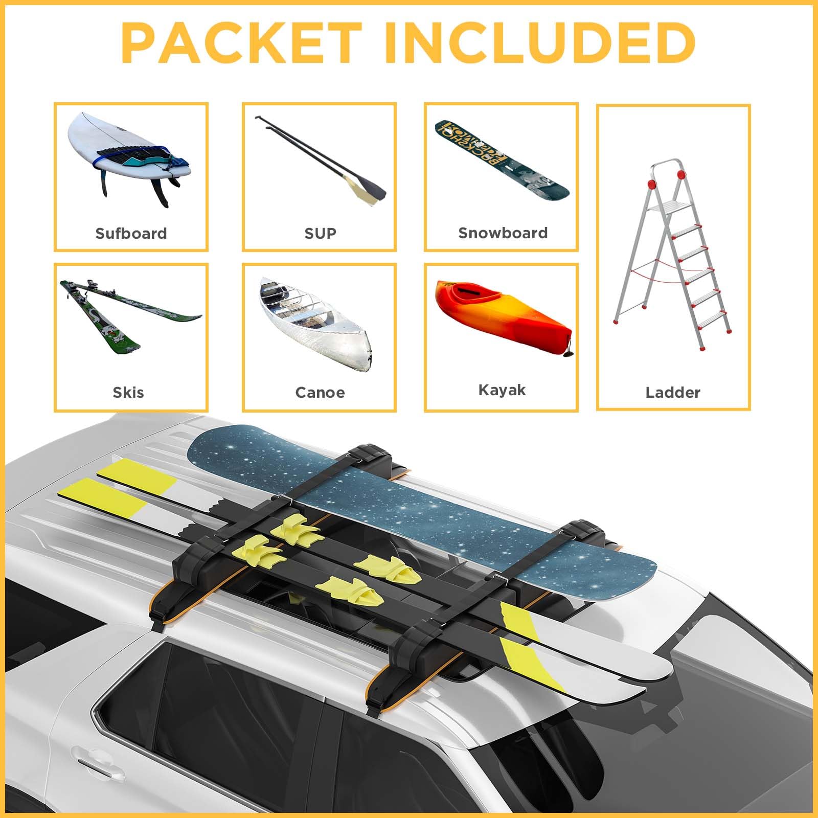 Universal Car Soft Roof Rack Pads - Waterproof Kayak Surfboard SUP Canoe Ski Rack Accessories for Cars SUVs - No Rails Required Easy Installation - Perfect for Road Trips Camping Outdoor Adventures