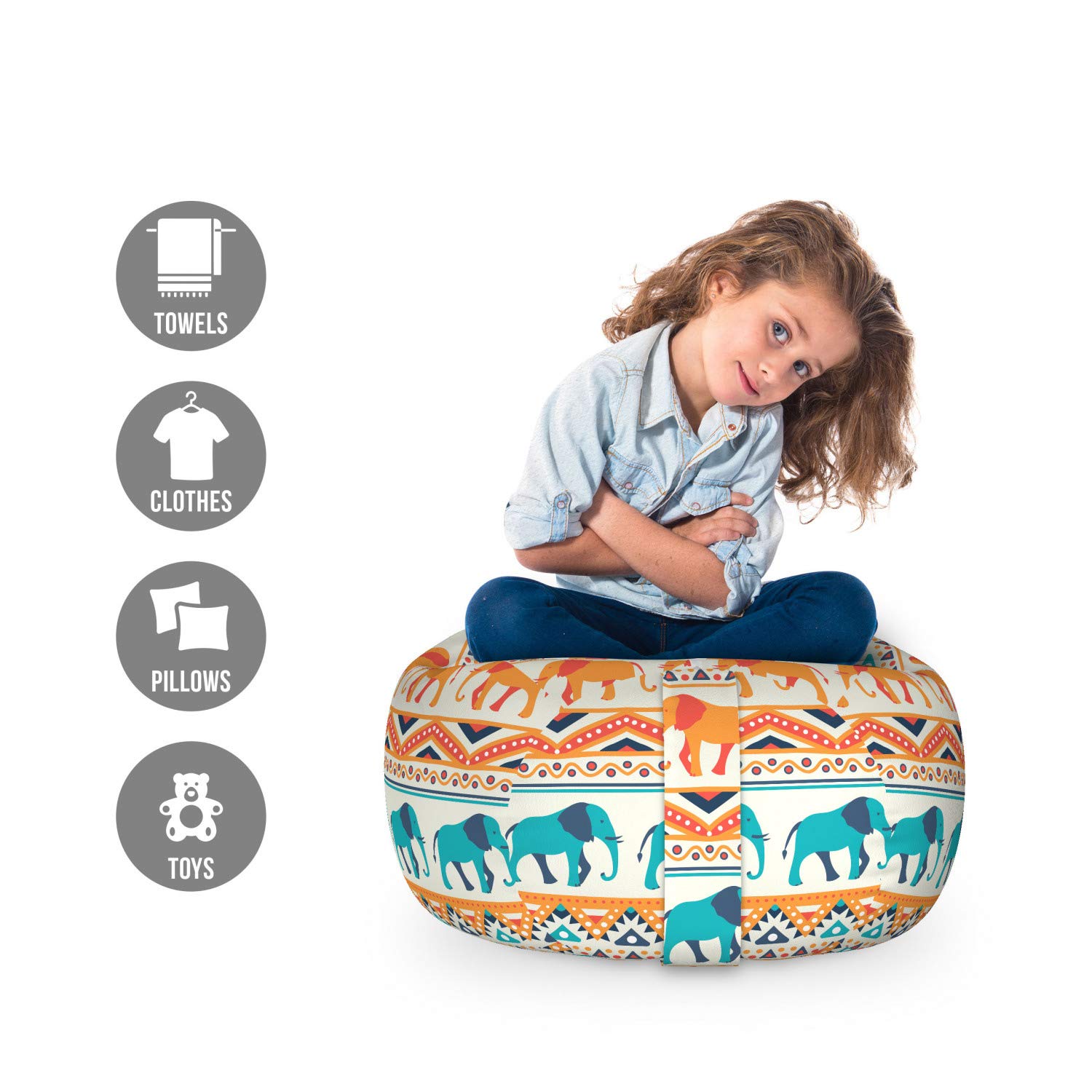 Ambesonne Ethnic Storage Toy Bag Chair - Colorful Native Geometric Elephant Design, Washable Stuffed Animal Organizer (Small, Multicolor) - Perfect for Kids' Room, Playroom & Nursery Organization