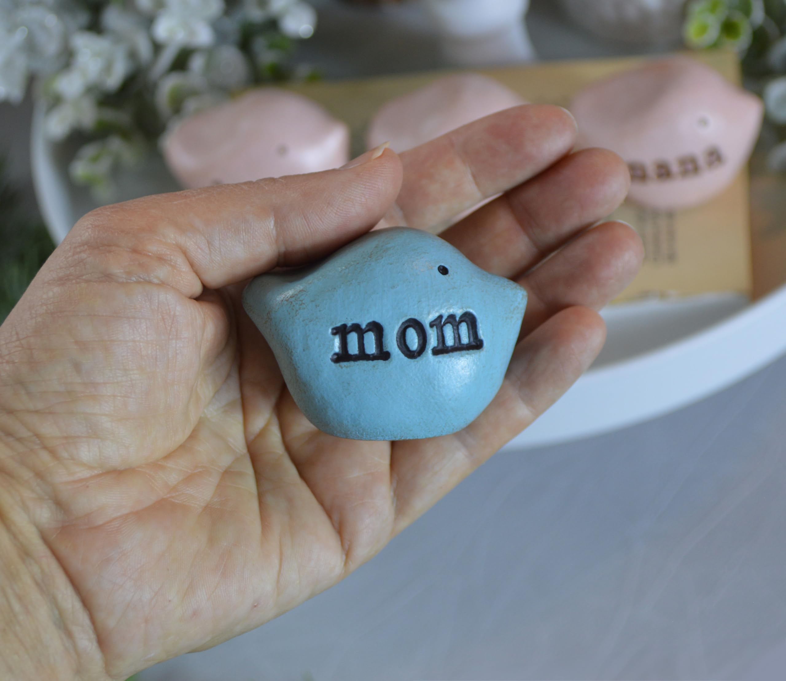 Handmade Clay Birds Gift Set for Mom - Blue 'Love You Mom' Decor - Ready to Ship - Perfect for Mother's Day, Birthday & Home Decoration