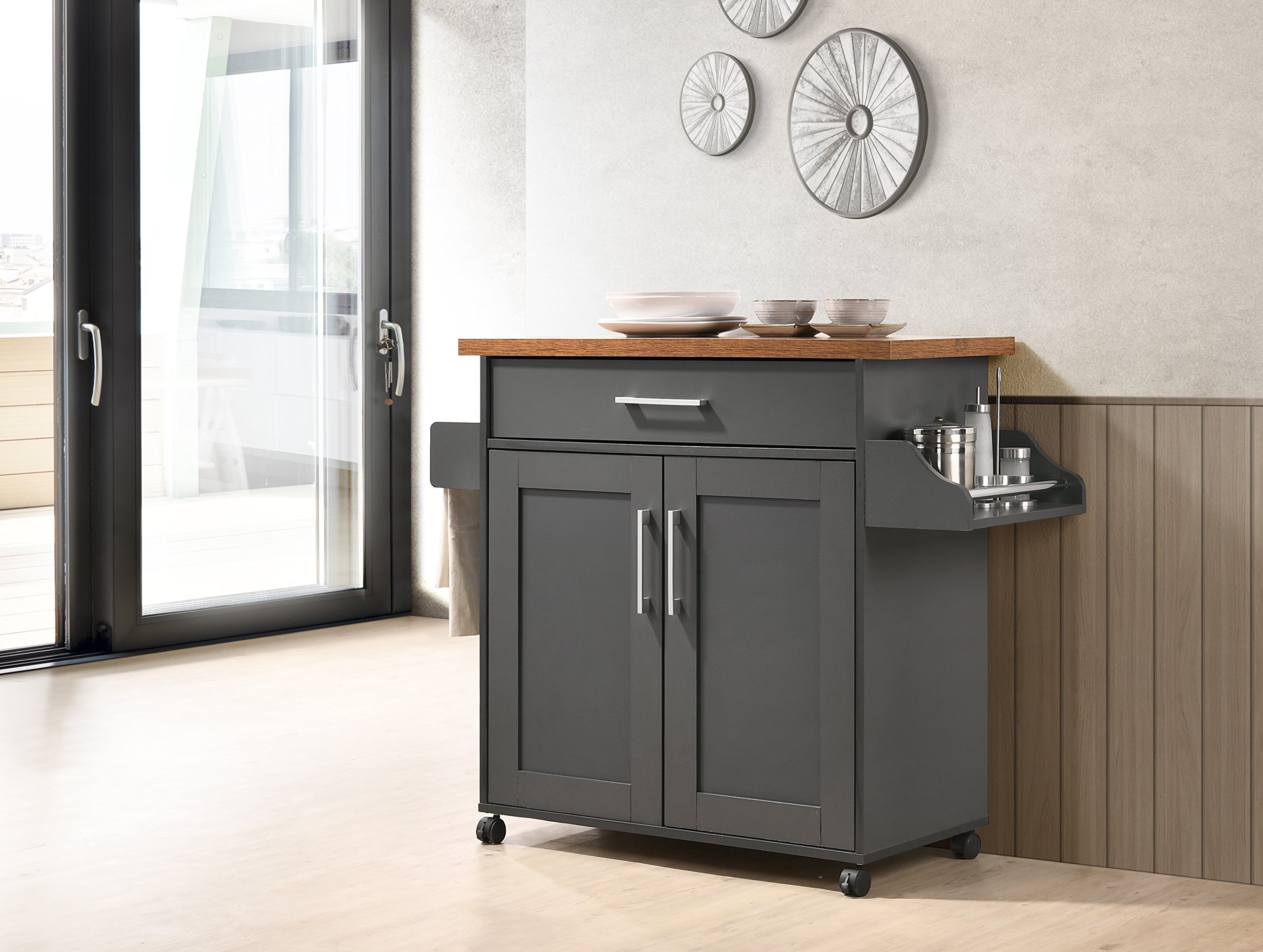 Hodedah Kitchen Island with Spice Rack, Towel Rack & Drawer - Grey Oak Top Counter Cart for Small Spaces, Organize Cooking Utensils & Spices - Perfect for Apartments, Condos & Home Kitchens