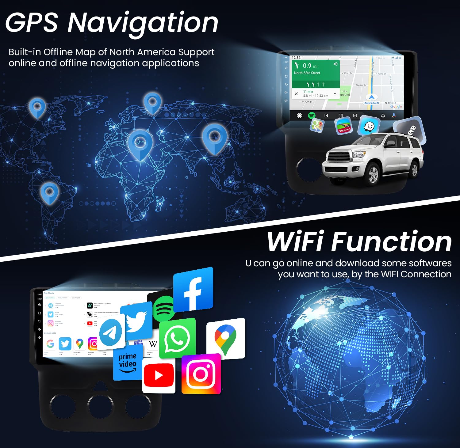 5G WiFi Car Stereo Radio for Dodge Ram 1500/2500/3500 (2013-2018) - Wireless Apple CarPlay & Android Auto - 4GB RAM 32GB ROM - 7