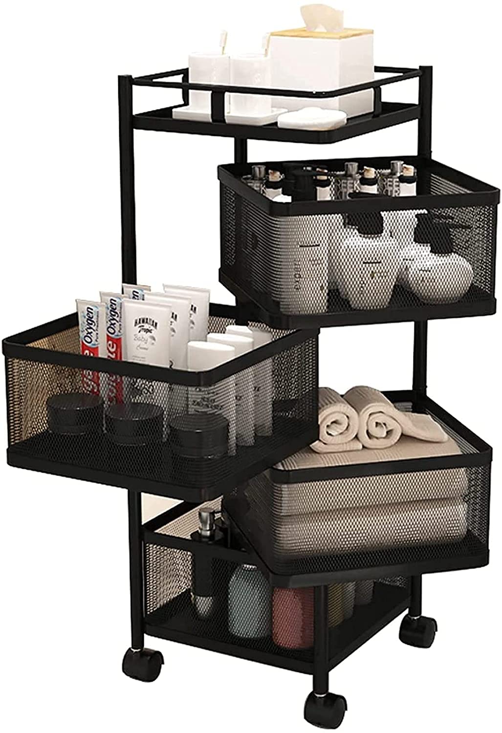 4-Tier Metal Storage Shelf with Wheels - Rotatable Kitchen Cart for Fruits, Vegetables & Organizing - Movable Mesh Shelves for Kitchen, Bathroom, Hotel, Balcony (27×27×78.5cm) - Perfect for Small Space Storage & Serving Needs