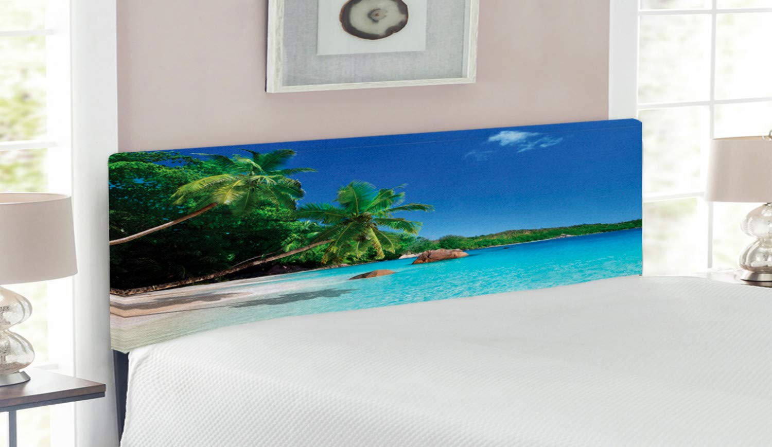 Ambesonne Ocean Queen Size Headboard - Upholstered Decorative Metal Bed Frame with Memory Foam, Turquoise Blue Green Beach Design Inspired by Praslin Island Horizon | Perfect for Coastal, Nautical & Bedroom Decor