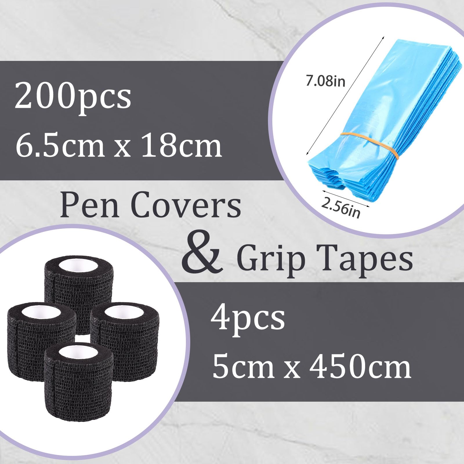 200pcs Blue Pen Machine Covers & 4pcs Black Grip Tape Wraps - Self-Adhesive Bandage Sleeves for Writing & Drawing | Pen Protection Kit for Office, School & Art Projects