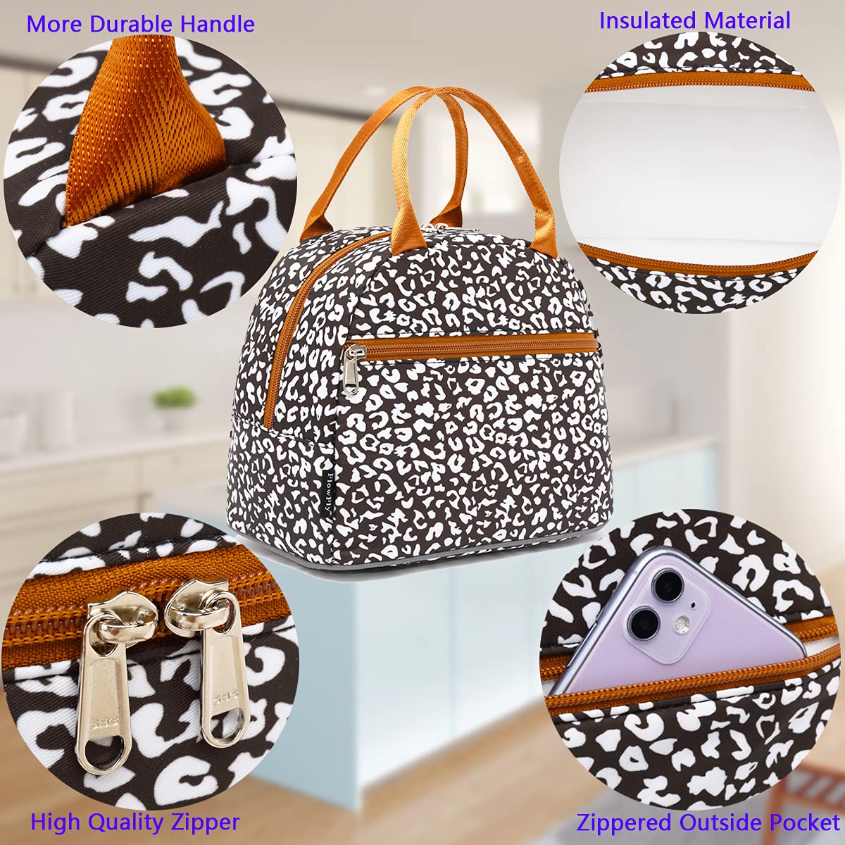 FlowFly Insulated Lunch Bag Tote - Reusable Lunch Cooler Organizer for Women & Men, Cow Print Design - Perfect for Work, School, Picnics & Outdoor Activities