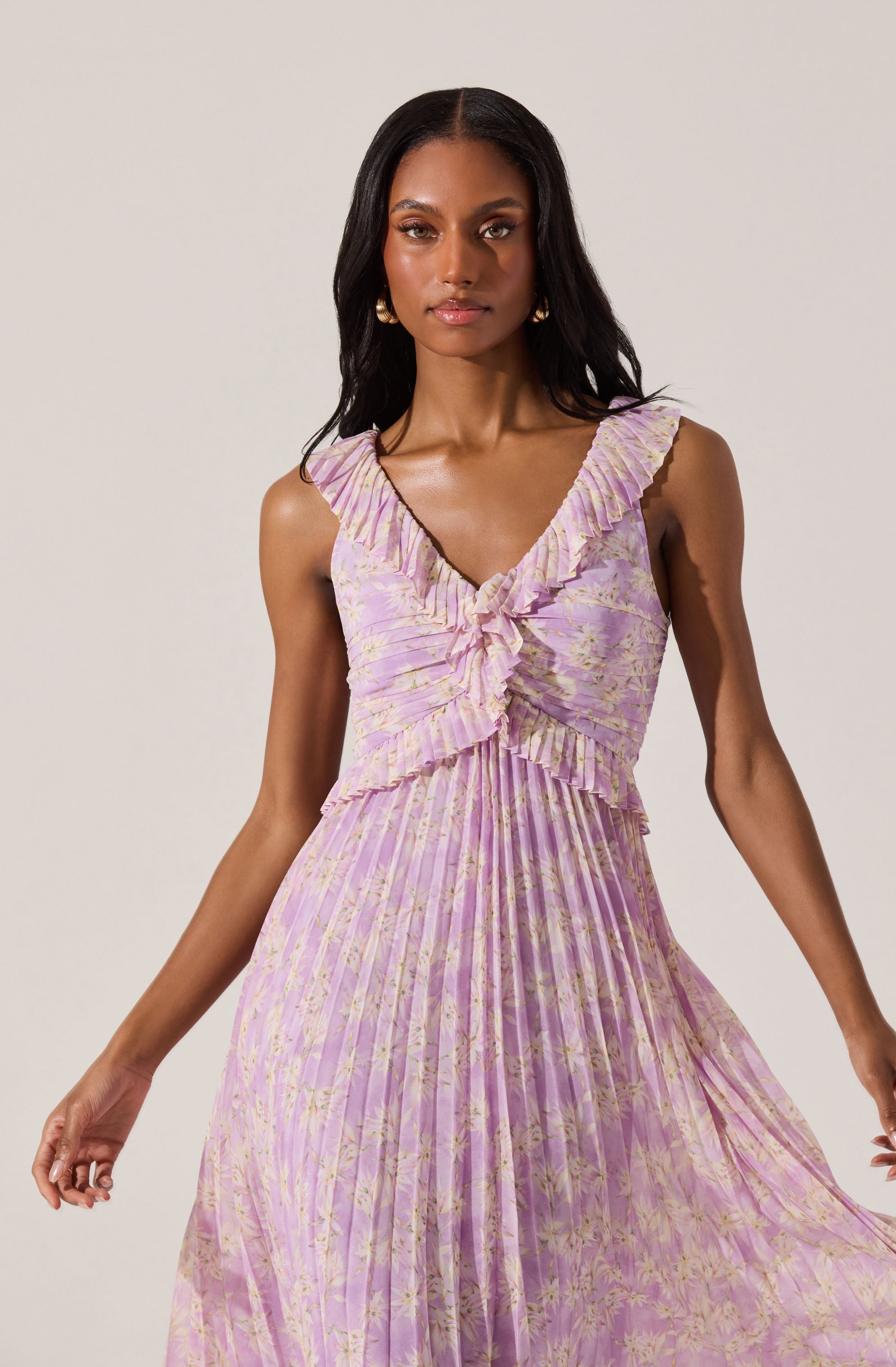 Floral Ruffle Pleated Midi Dress for Women - Summer Flowy Boho Style Dress for Beach, Wedding & Party Occasions