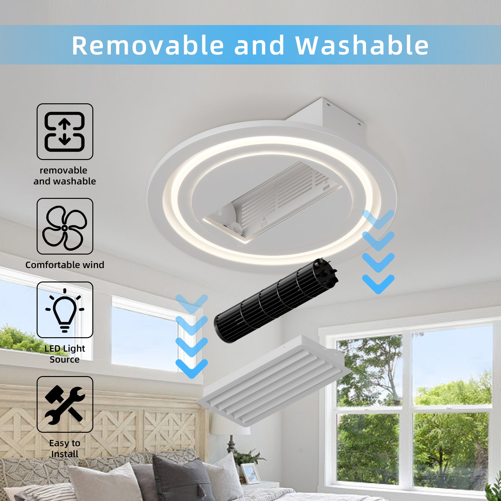 22 Inch Modern Leafless Ceiling Fan with Remote Control - Reversible Motor, Removable & Washable - Perfect for Bedroom, Living Room, and Office Spaces