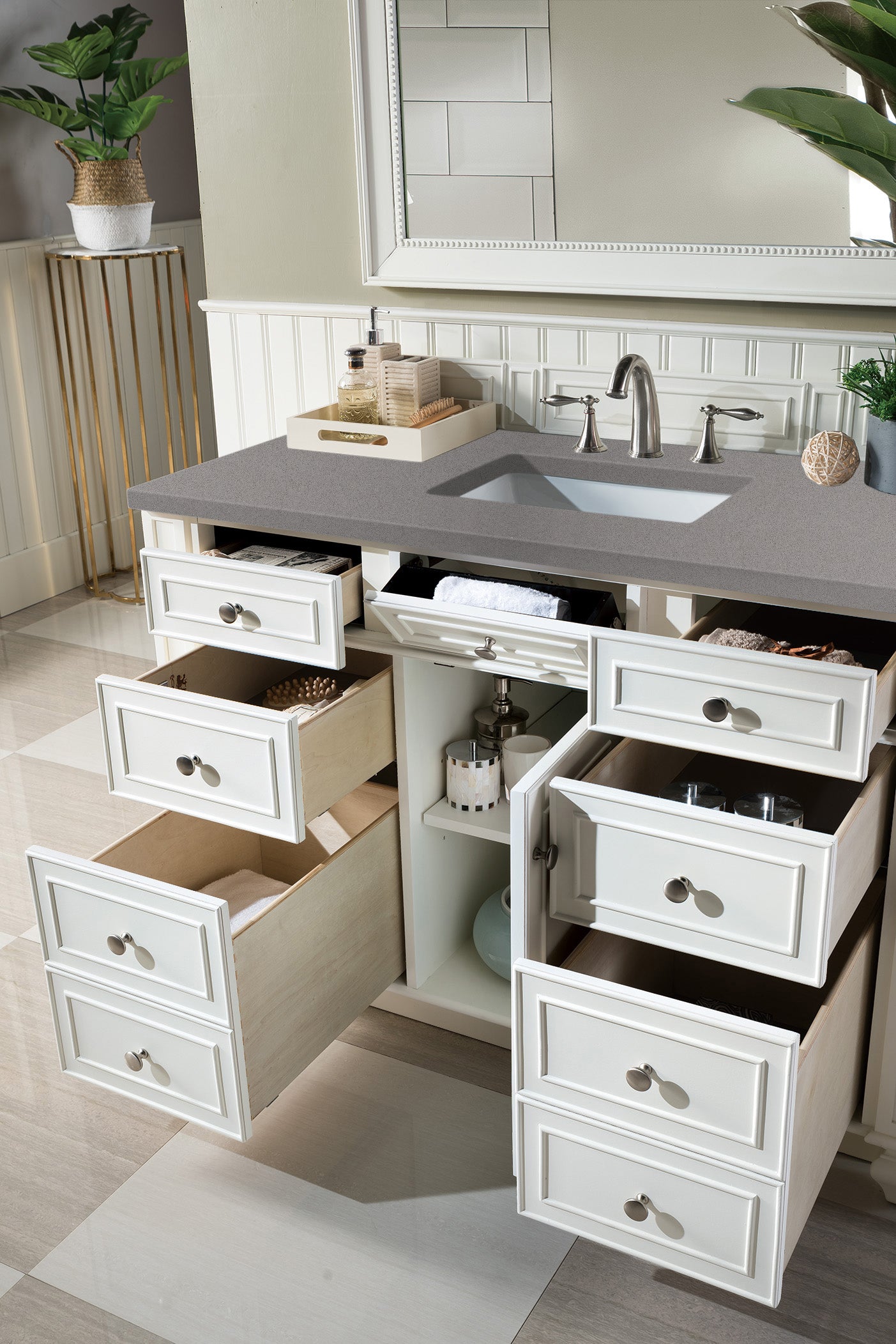 Bristol 48 Inch Single Bathroom Vanity Set with 3CM Grey Expo Quartz Top - Bright White Finish | Perfect for Modern Bathroom Renovations & Home Upgrades