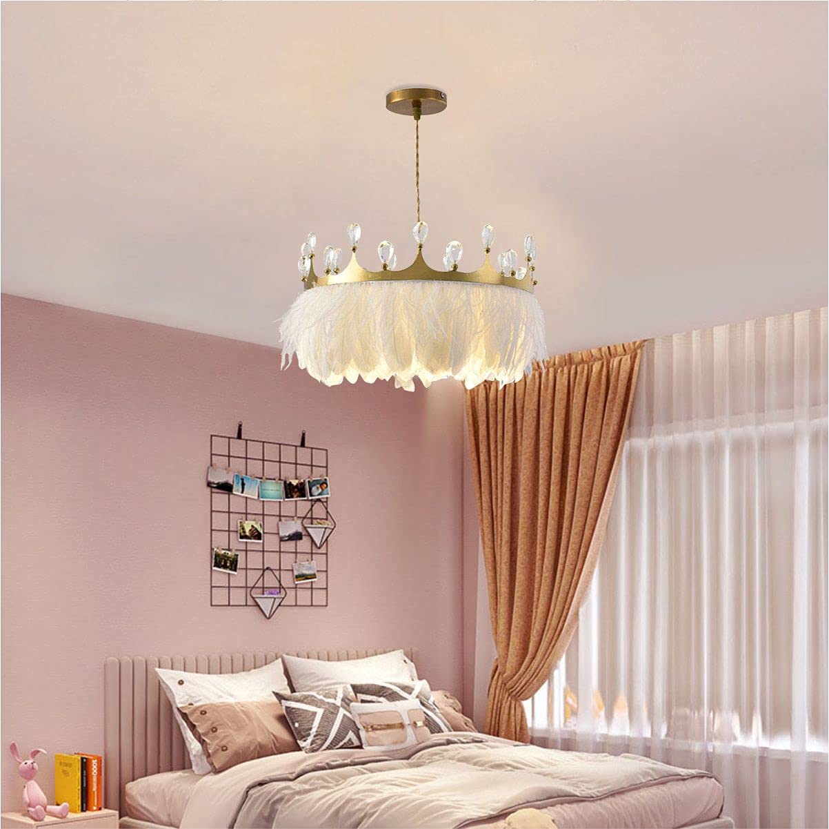 Modern White Feather Pendant Lamp with Gold Crown Crystal Chandelier - Adjustable Flexible Wire Ceiling Light for Living Room, Bedroom, Nursery & Bar Decor (21.7 inch/55cm) - Elegant Lighting Fixture for Home, Restaurant & Commercial Spaces
