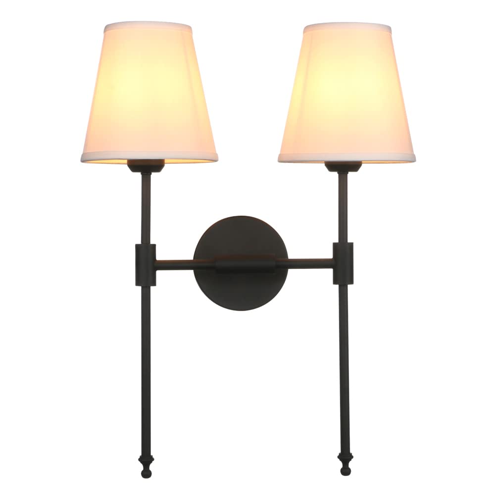 PERMO Classic Rustic Double Sconce Wall Light - 2-Light Black Arm Fixture with White Flared Fabric Shade - Perfect for Bathroom, Bedroom, Bedside & Hallway Lighting