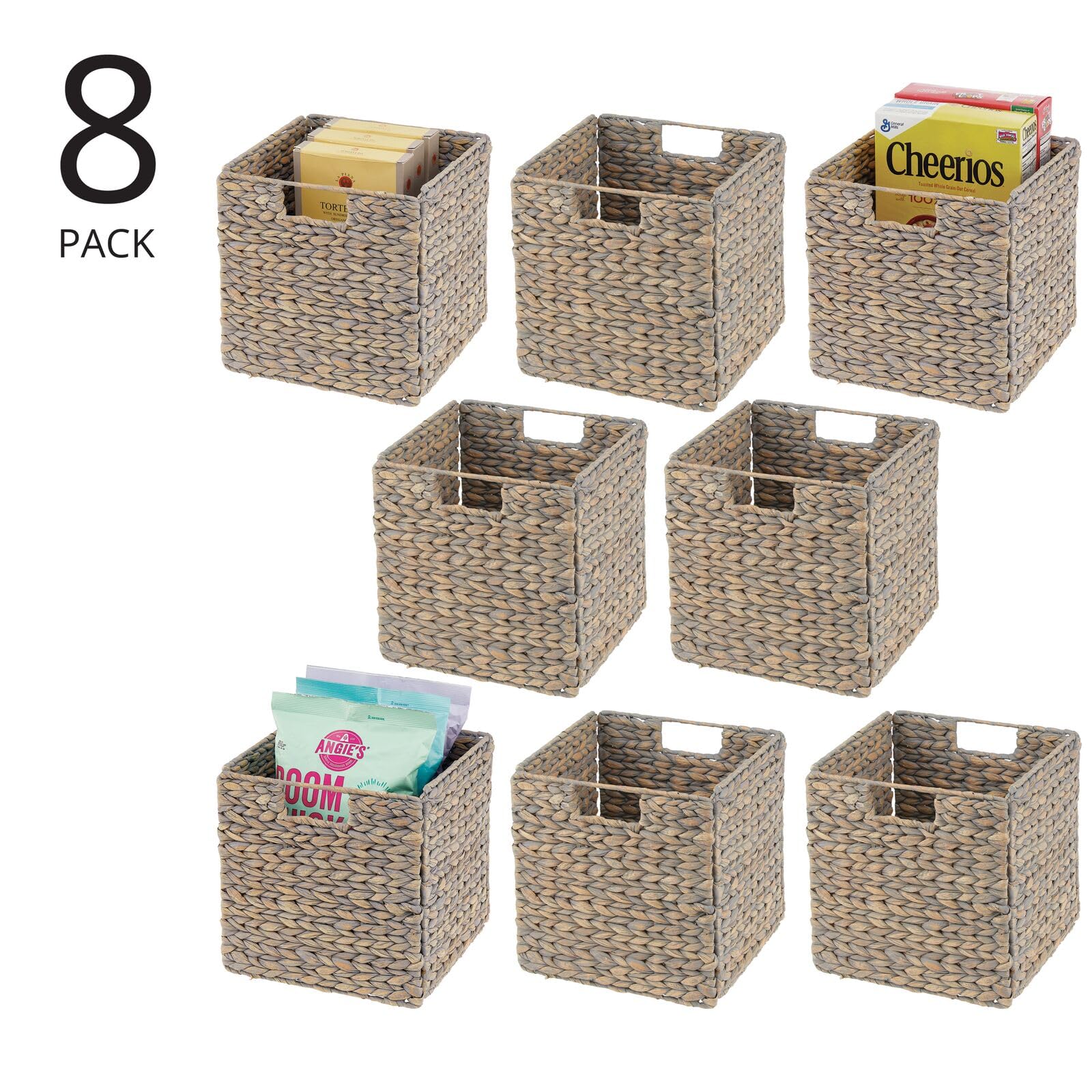 mDesign Natural Woven Hyacinth Storage Basket with Handles - 8 Pack Gray Wash Cube Organizer for Kitchen, Pantry & Cubby Units | Perfect for Snacks, Small Appliances & Home Organization