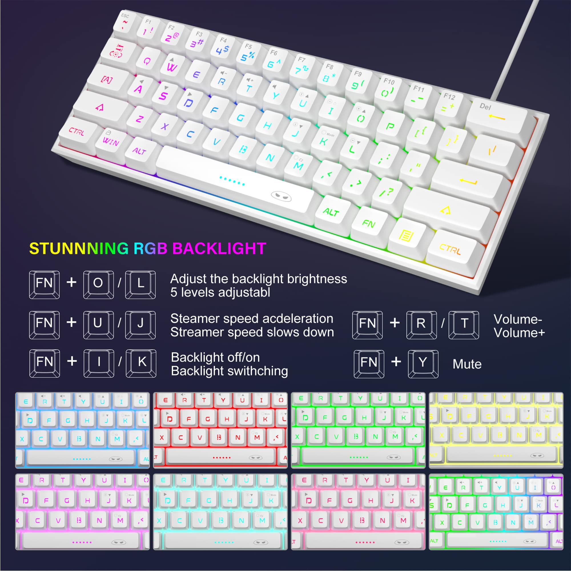 MageGee 60% Mechanical Gaming Keyboard - Ultra Compact 61 Keys RGB Backlit, Waterproof, Portable USB Wired Keyboard for PC, Mac, Windows, Laptop, Xbox, PS5 - Perfect for Gaming, Office Work & Travel (White)