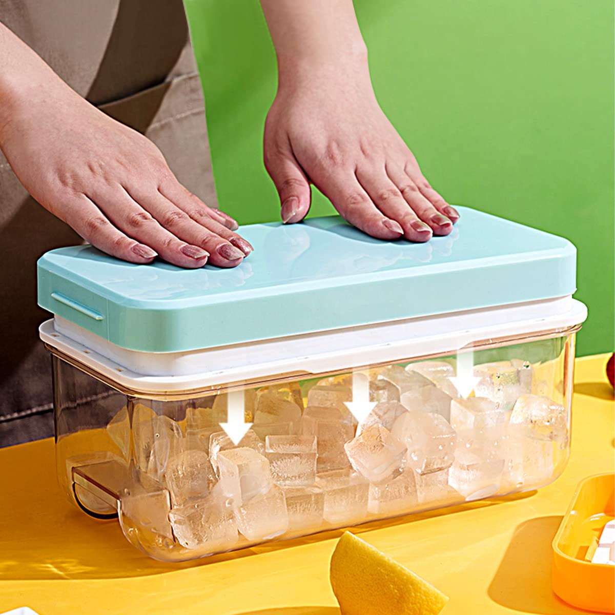 OBDKCAN 32PCS Nugget Ice Cube Tray with Lid - Easy Release Ice Maker Mold for Freezer, Whiskey, Cocktails & Coffee - Includes Storage Container, Scoop & Pressing Plate - Perfect for Home Bars, Parties & Summer Drinks (Blue)