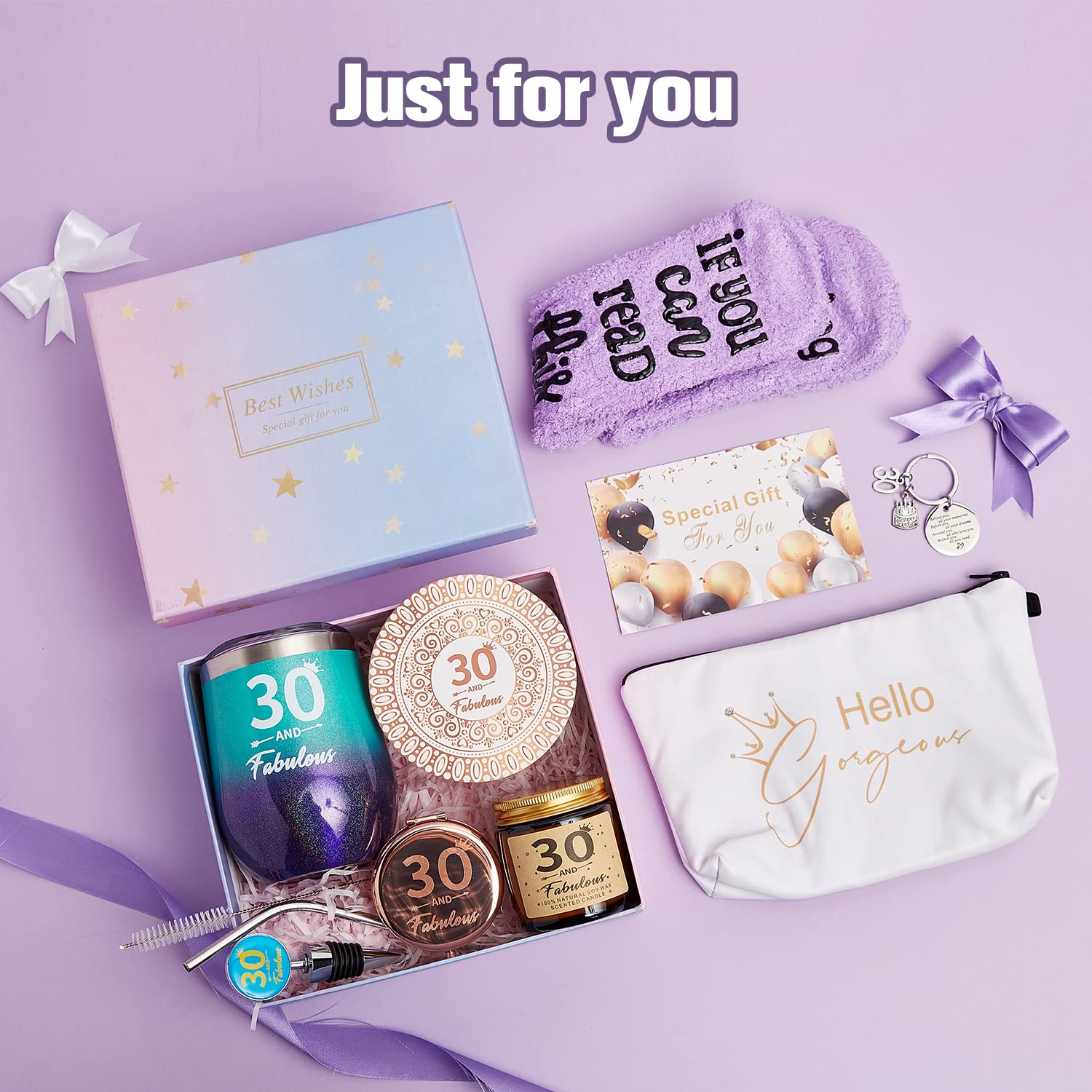 30th Birthday Gift Box for Women - Includes Tumbler, Gift Cards, Socks, Straw, Candle, Coaster, Stopper & Brush - Perfect Birthday Present for Mom, Sister, Aunt or Coworker - Great for Office Celebrations, Surprise Parties & Special Occasions
