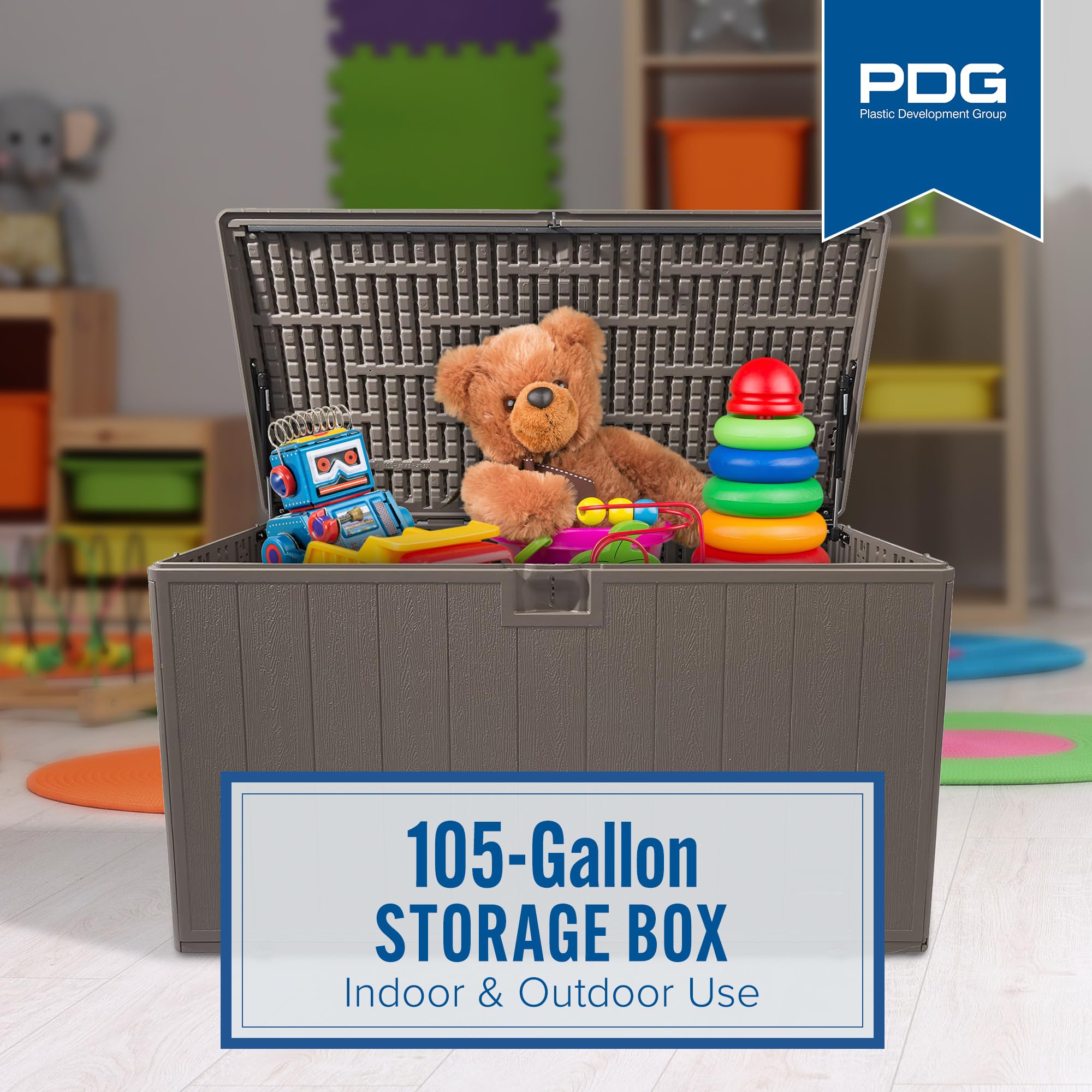 Plastic Development Group 105 Gallon Outdoor Storage Deck Box with Soft Closure - Java Brown - Perfect for Patio, Garden, and Backyard Organization