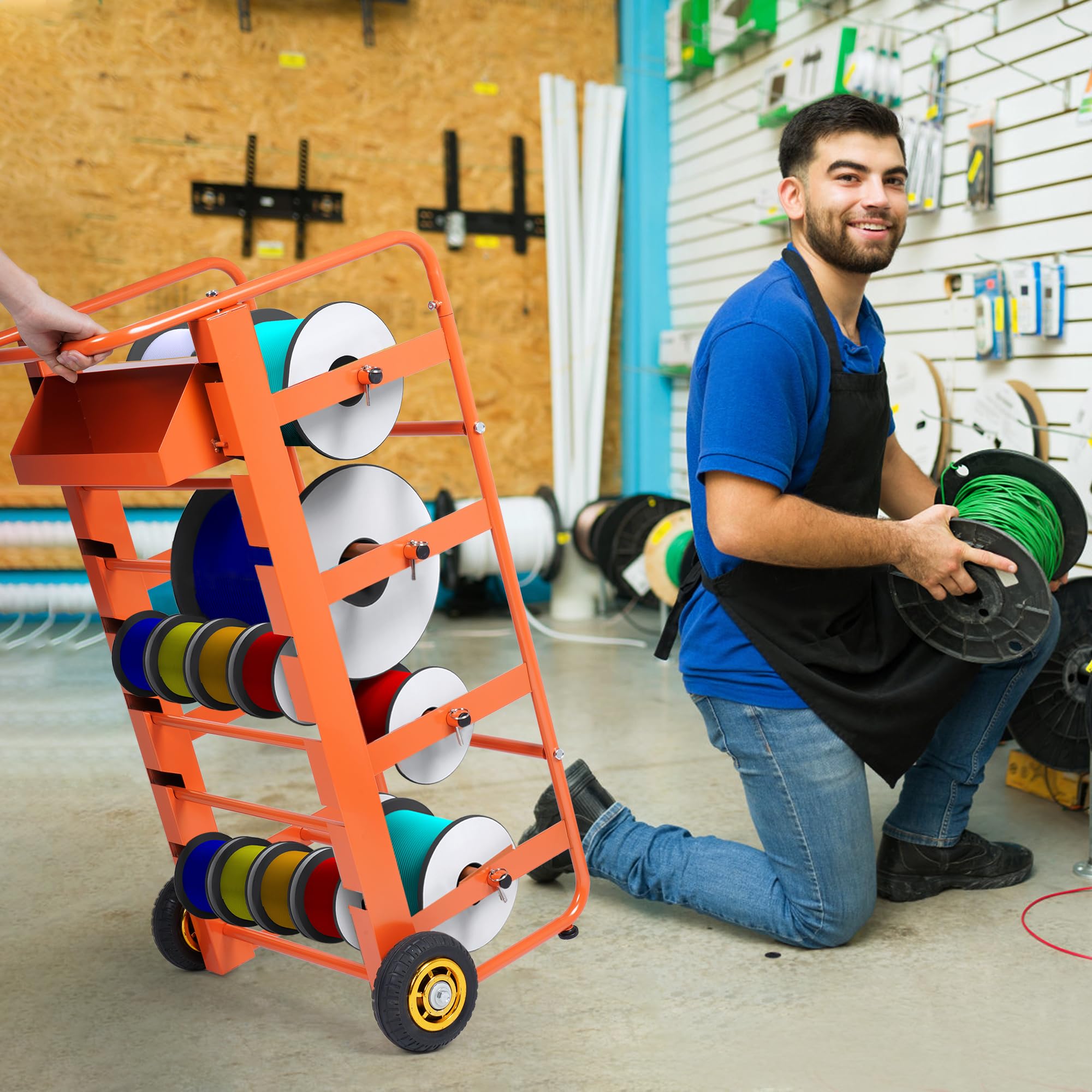 Heavy Duty Wire Spool Rack with Wheels - 11-Rod Multi-Axle Cable Caddy & Dispenser for Electrical Wires - Industrial Wire Reel Holder for Workshop, Construction Site, and Retail Storage