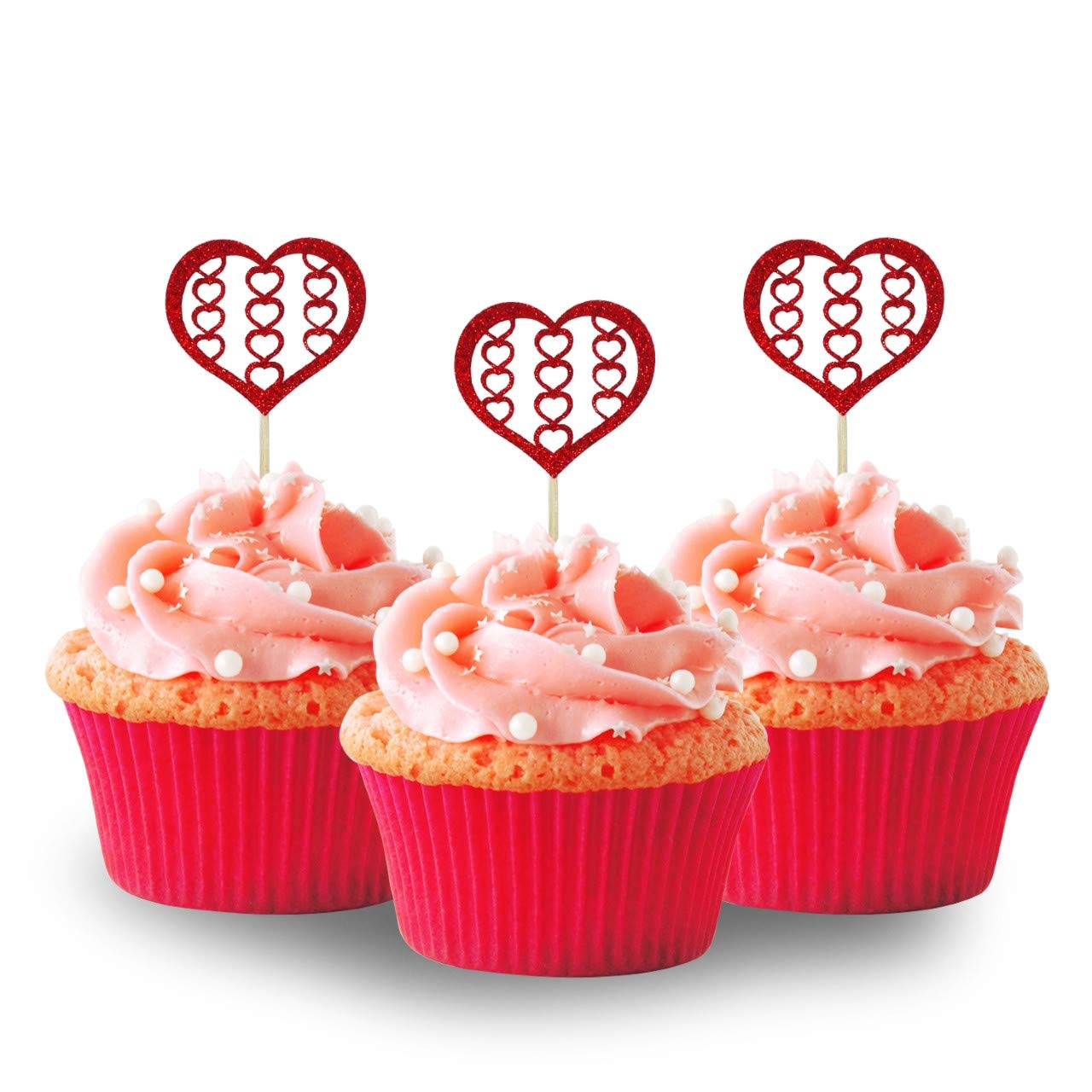 Red Heart Valentines Day Cupcake Toppers - 12pc Pack Glitter Foam Decorations for Wedding, Bridal, Baby Shower & Party Celebrations - Perfect for Romantic Desserts and Special Occasions