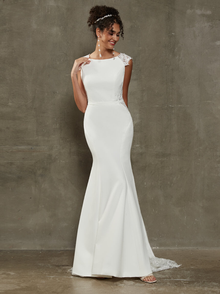 Elegant Double FDY Illusion Back Cap Sleeve Mermaid Wedding Dress with Lace Train - Perfect for Beach, Church, and Formal Wedding Ceremonies