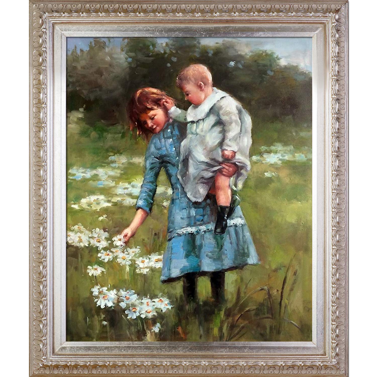 La Pastiche THR7185-FR Hand Painted Oil Painting Reproduction - 'Daisy Field' with Elegant Champagne Frame, 20x24 Inches - Perfect for Living Room, Bedroom or Office Wall Decor
