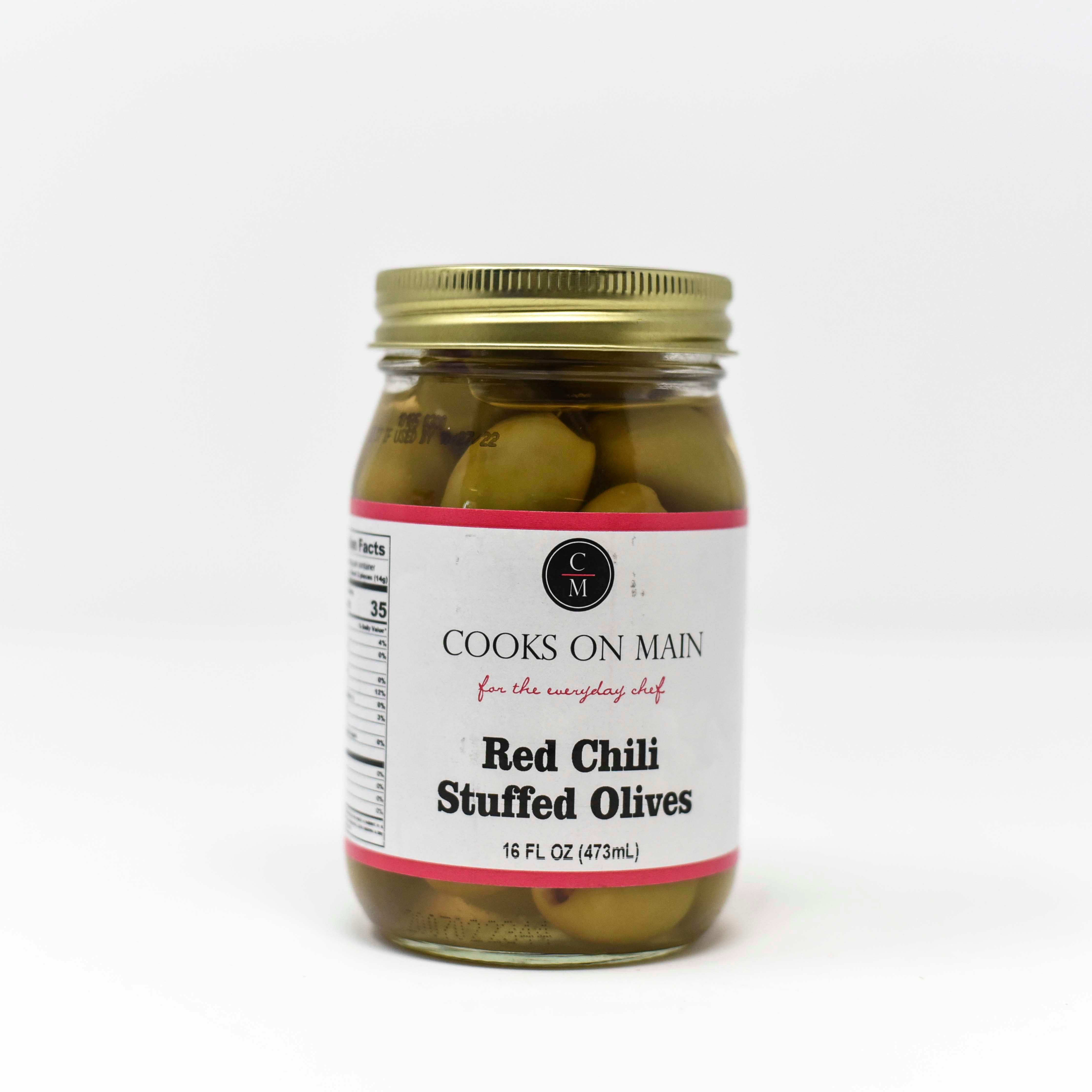 Spicy Red Chili Stuffed Olives - Premium Gourmet Stuffed Olives for Cocktails, Charcuterie Boards & Mediterranean Cooking (8oz Jar) - Perfect for Martini Garnish, Snacking & Party Platters