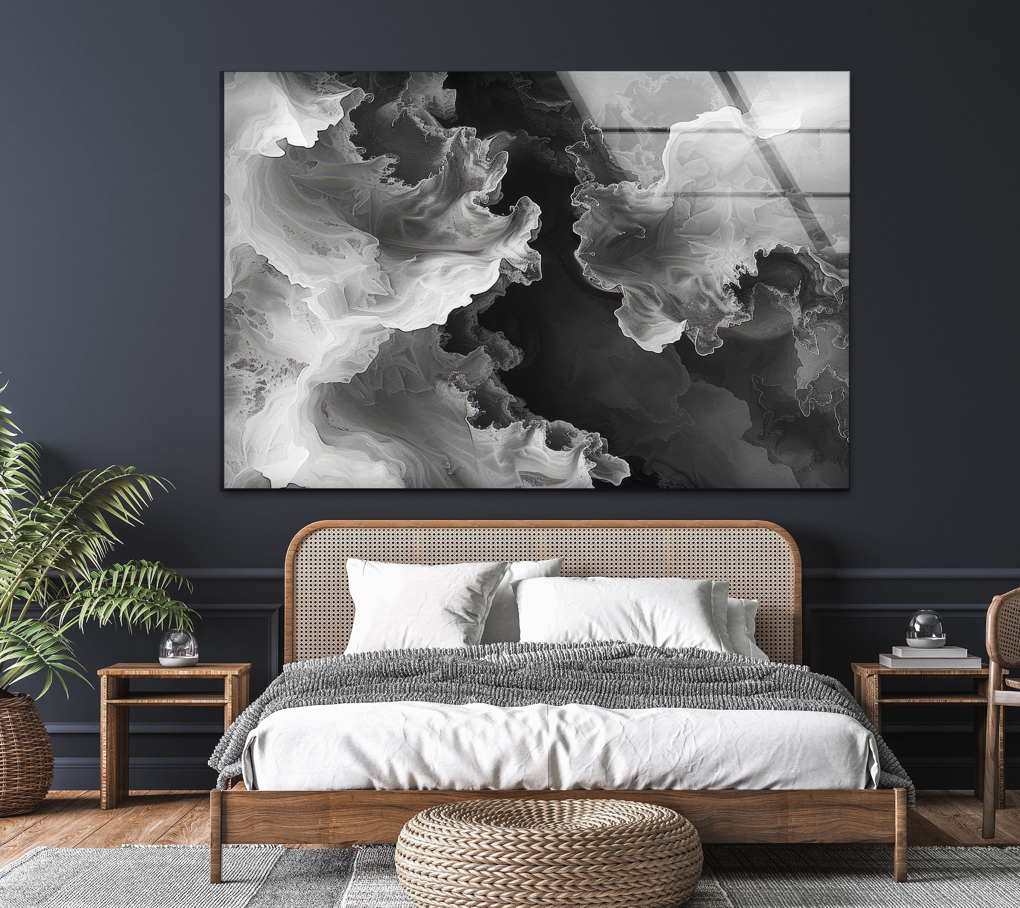 Modern Black & White Abstract Wave Glass Wall Art - Handmade Contemporary Home Decor for Living Room, Bedroom & Office