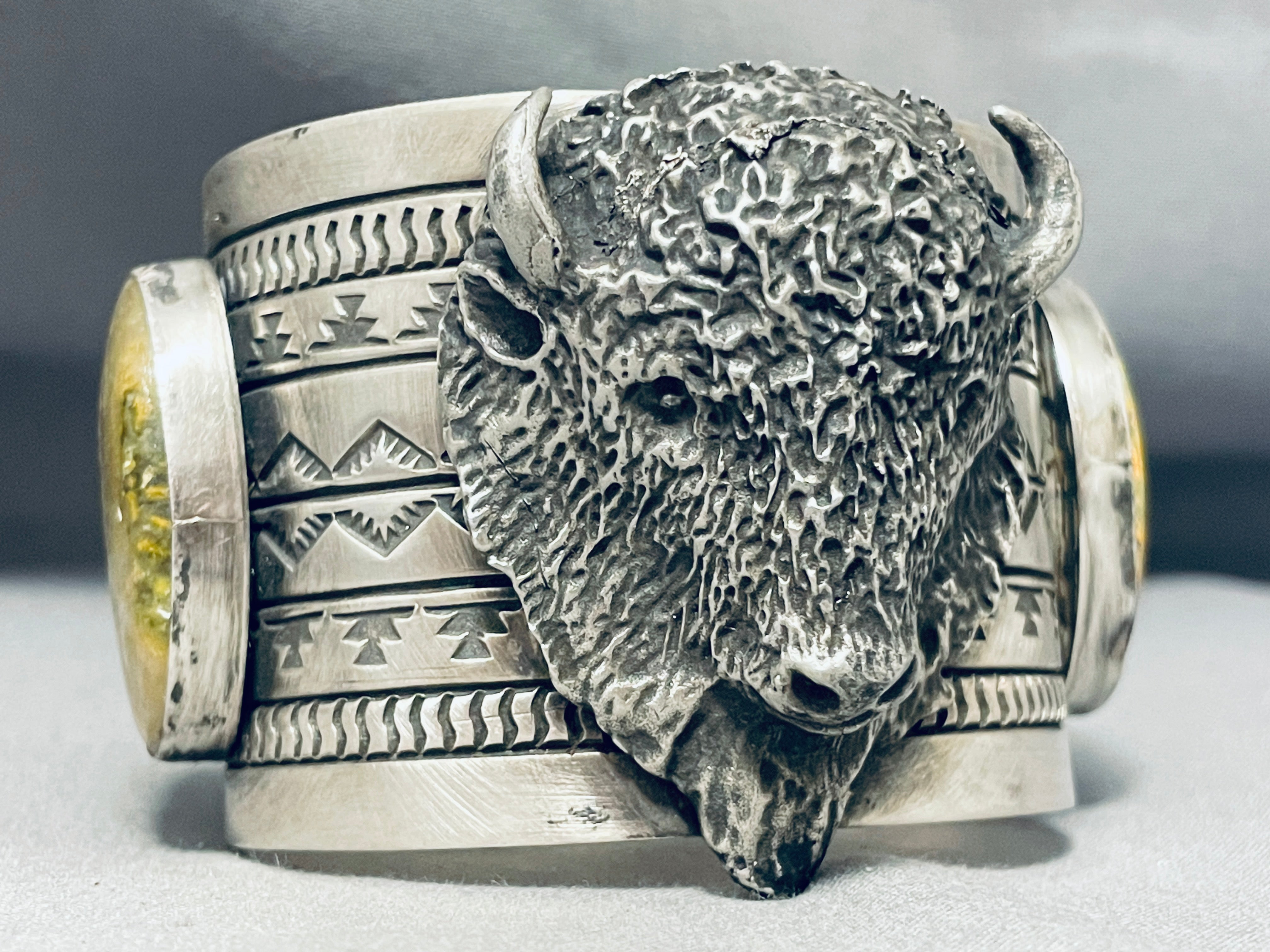 202 Grams Native American Bison Yellow Jasper Sterling Silver Bracelet - Handmade Spiritual Jewelry for Women, Men - Perfect for Meditation, Healing & Boho Fashion