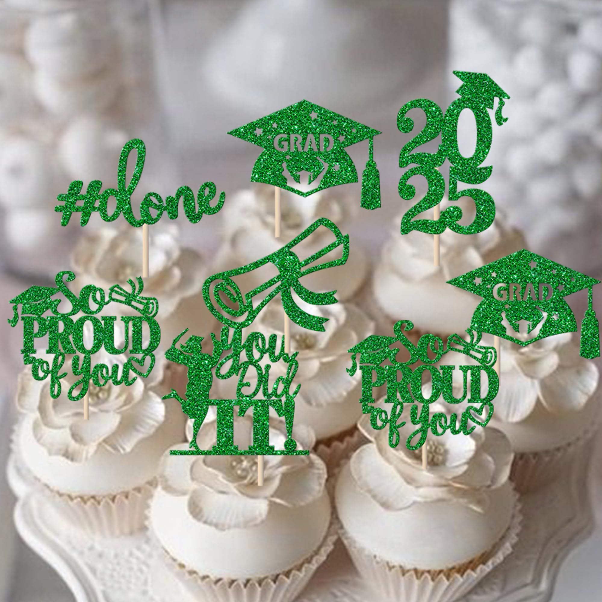 24 Pack Green 2025 Graduation Cupcake Toppers - Glitter Class of 2025 Diploma Grad Cap Cake Decorations - Perfect for Graduation Parties, School Celebrations & Dessert Table Decor