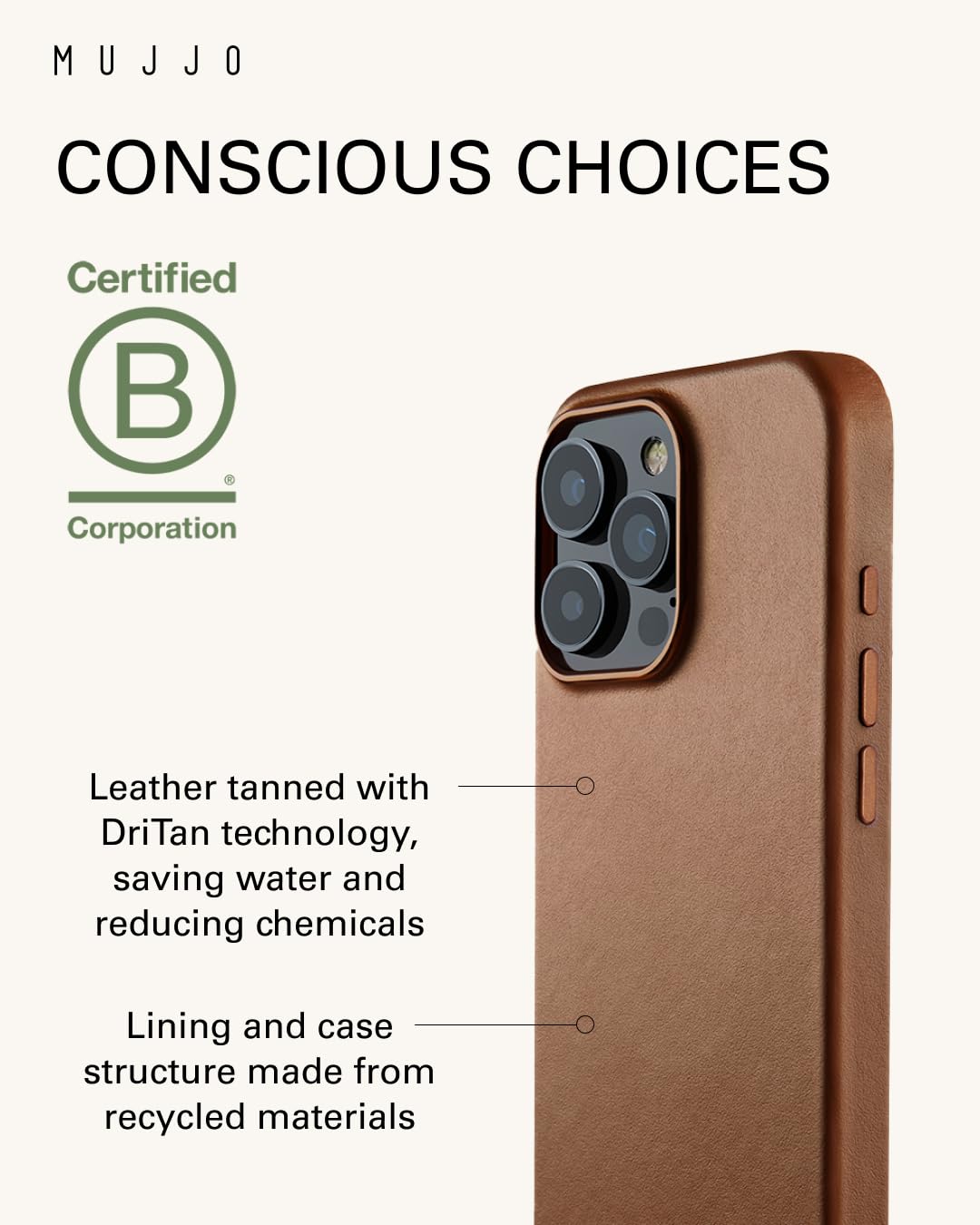 Mujjo Premium European Leather Phone Case for iPhone 16 Pro Max - MagSafe Compatible, Slim Protective Cover with Enhanced Camera Protection | Recycled Eco-Friendly Materials | Tan Brown | Perfect for Work, Travel & Everyday Use