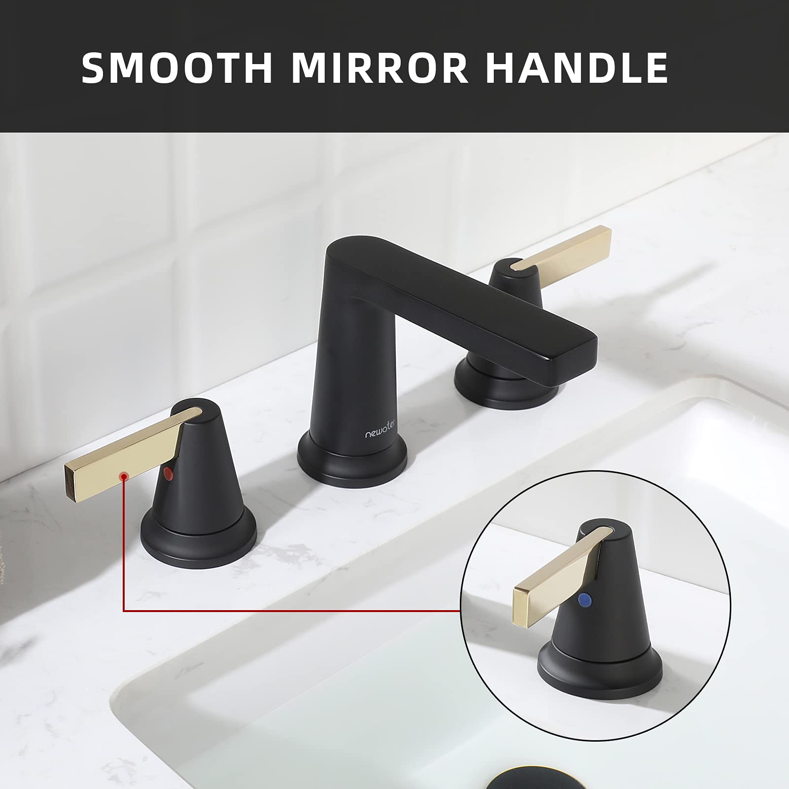 NEWATER Matte Black Brass Bathroom Faucet - 2-Handle 8-Inch Widespread Modern Bathroom Sink Faucet with Metal Pop-Up Drain & Supply Lines - Perfect for RV, Vanity, and Home Bathroom Renovation